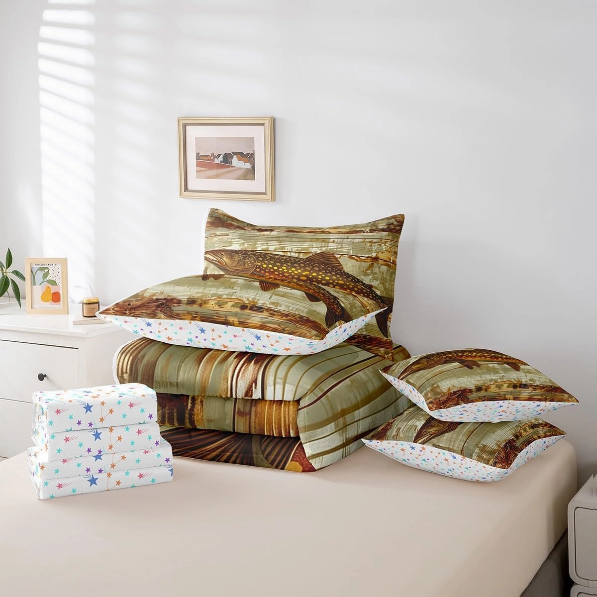 Feelyou Kids Pike Fish Full Comforter Set with Sheets Bass Big Fish 7 Pieces Bedding Set for Boys Girls Teens Bedroom Decor Fishing and Hunting Bed in a Bag Women Men Coastal Bed Set