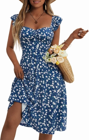 FENSACE Summer Cute Sweetheart Neckline Sundresses Ruffle Sleeve Floral Knee Length Dress
