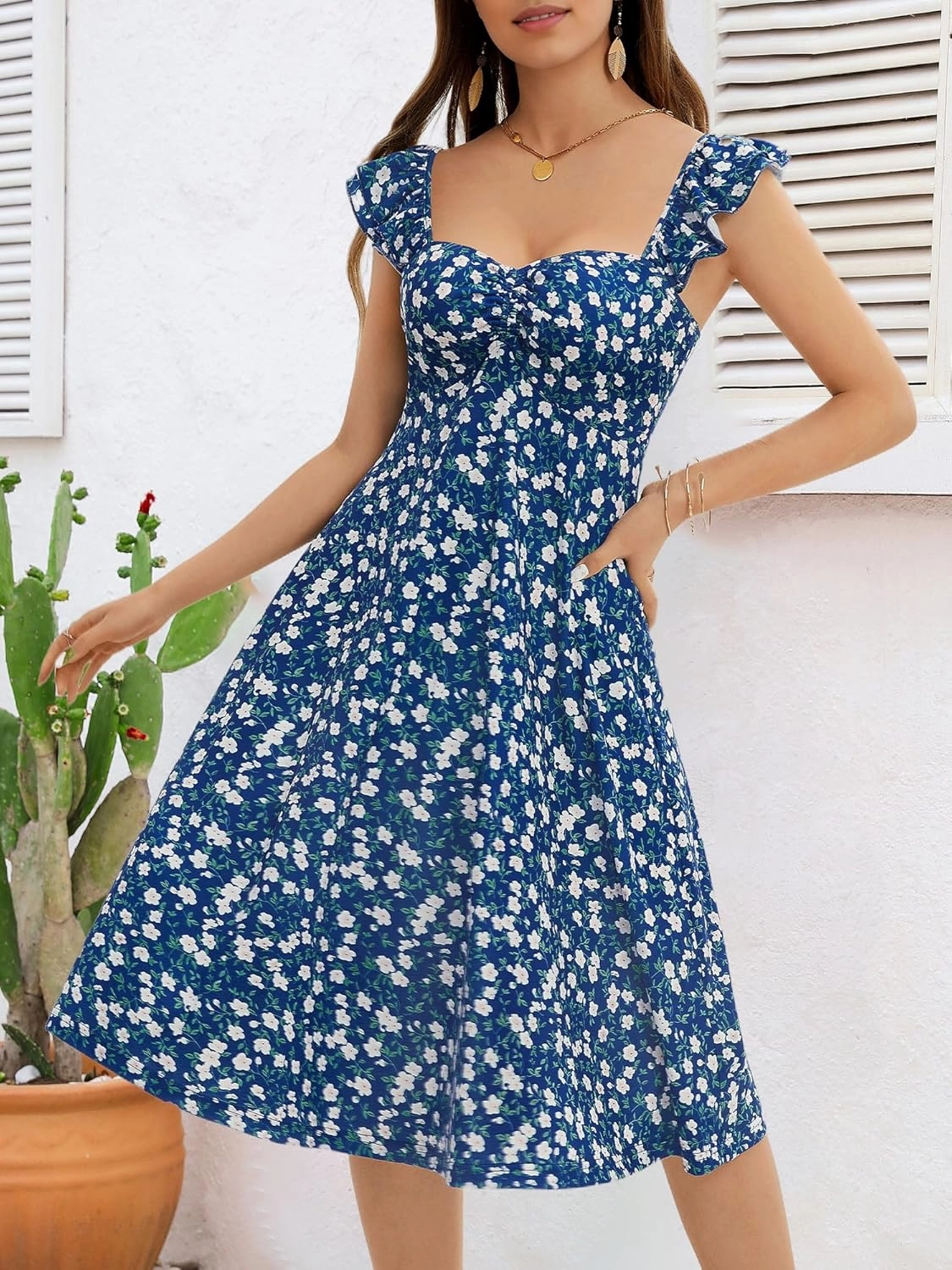 FENSACE Summer Cute Sweetheart Neckline Sundresses Ruffle Sleeve Floral Knee Length Dress