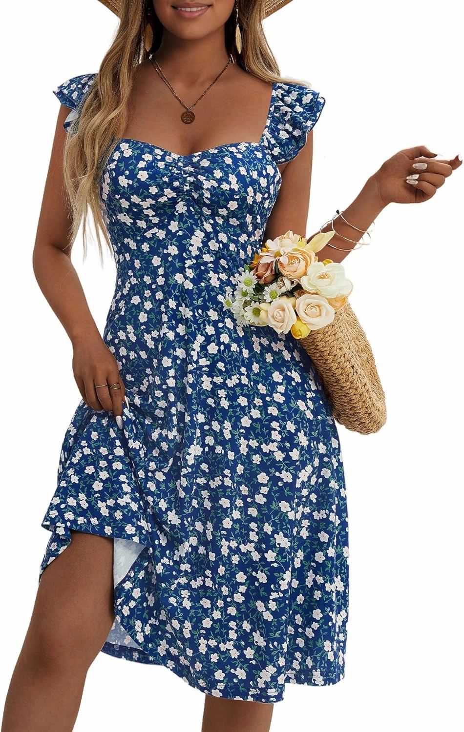 FENSACE Summer Cute Sweetheart Neckline Sundresses Ruffle Sleeve Floral Knee Length Dress