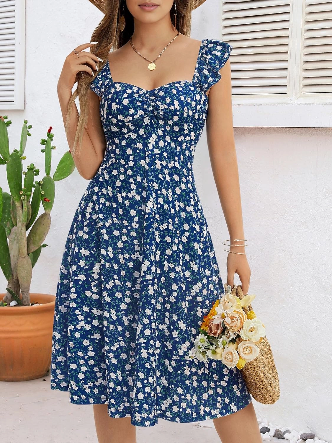 FENSACE Summer Cute Sweetheart Neckline Sundresses Ruffle Sleeve Floral Knee Length Dress