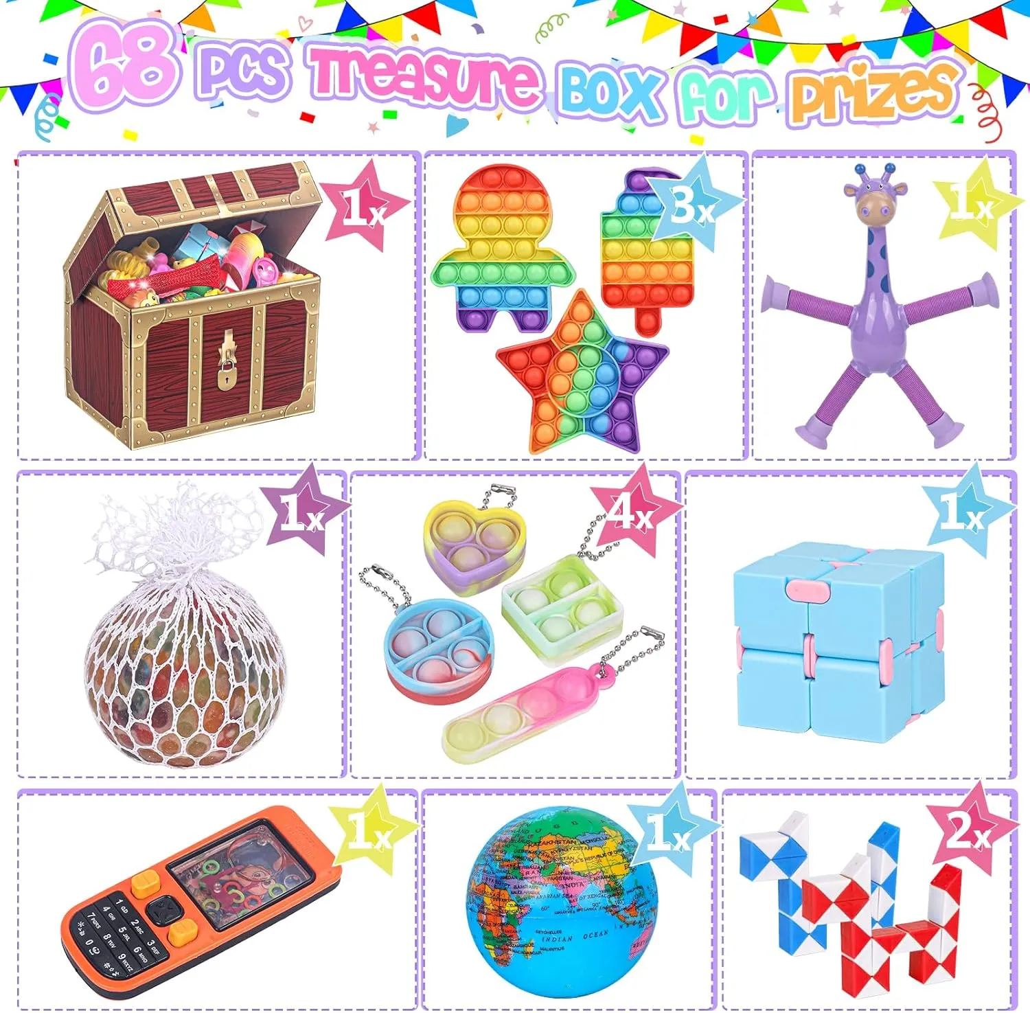 Fidget Toys, 68 Pack Party Favors for Kids, Treasure Box Toys for Classroom Prizes, Sensory Fidget Toys Carnival Prizes, Pinata Filler, Goodie Bag Stuffers Gifts for Kids Age 3 4 5 6 7 8 
