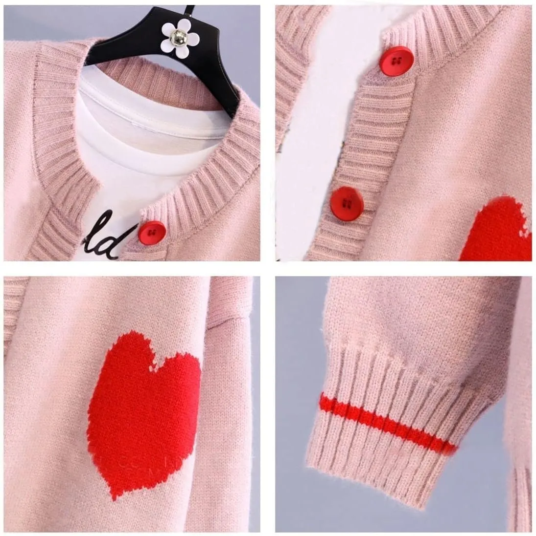 FindThy Women's Cute Cardigan Sweater Kawaii Love Heart Print Y2K Button Knitted Outerwear
