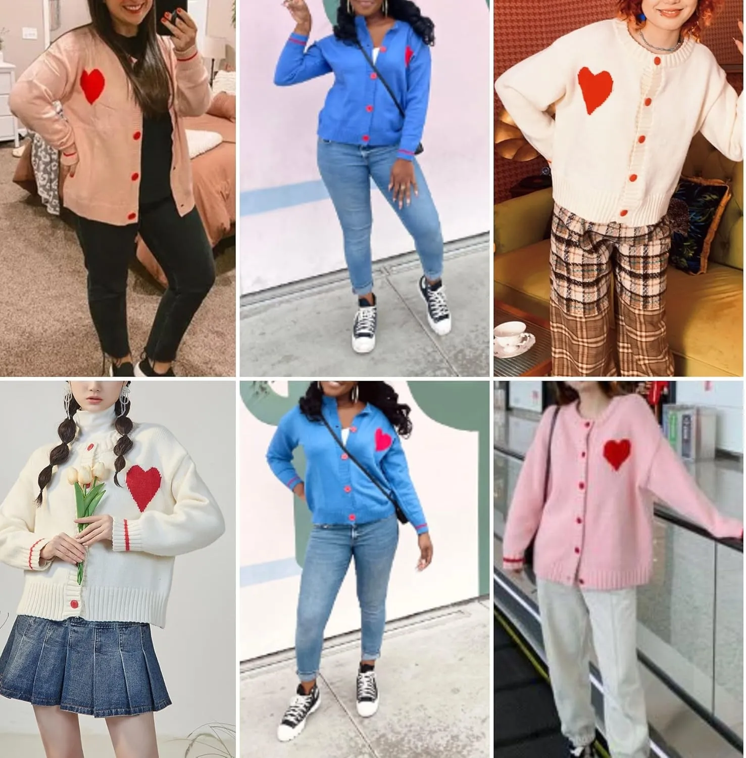 FindThy Women's Cute Cardigan Sweater Kawaii Love Heart Print Y2K Button Knitted Outerwear