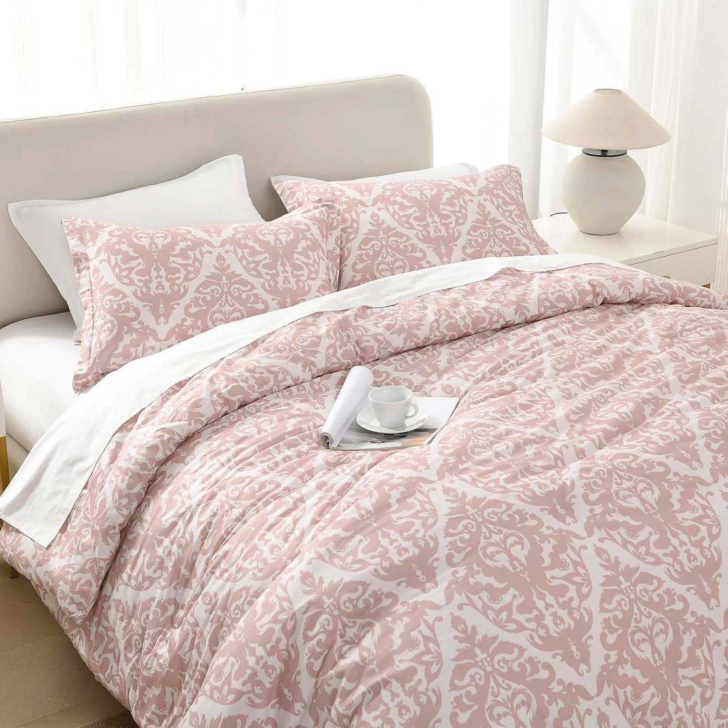 Finlonte Damask Queen Comforter Set, 100% Cotton, Paisley Floral, Luxury Ethnic, Fluffy Lightweight Soft Quilted Comforter, All Season, Pink/White