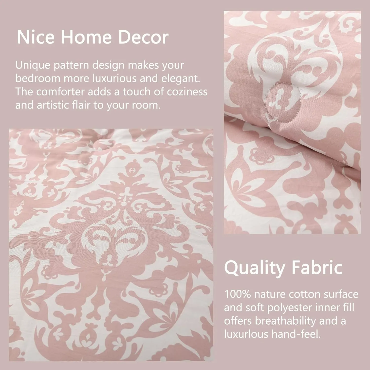 Finlonte Damask Queen Comforter Set, 100% Cotton, Paisley Floral, Luxury Ethnic, Fluffy Lightweight Soft Quilted Comforter, All Season, Pink/White