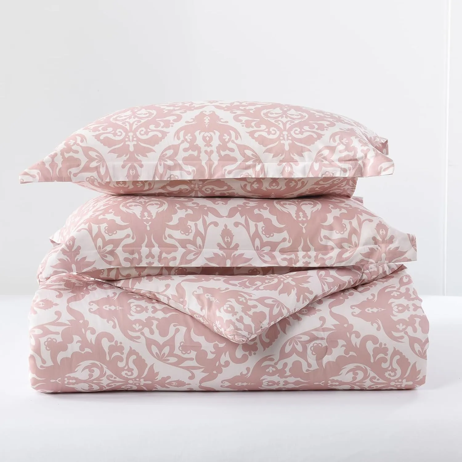 Finlonte Damask Queen Comforter Set, 100% Cotton, Paisley Floral, Luxury Ethnic, Fluffy Lightweight Soft Quilted Comforter, All Season, Pink/White
