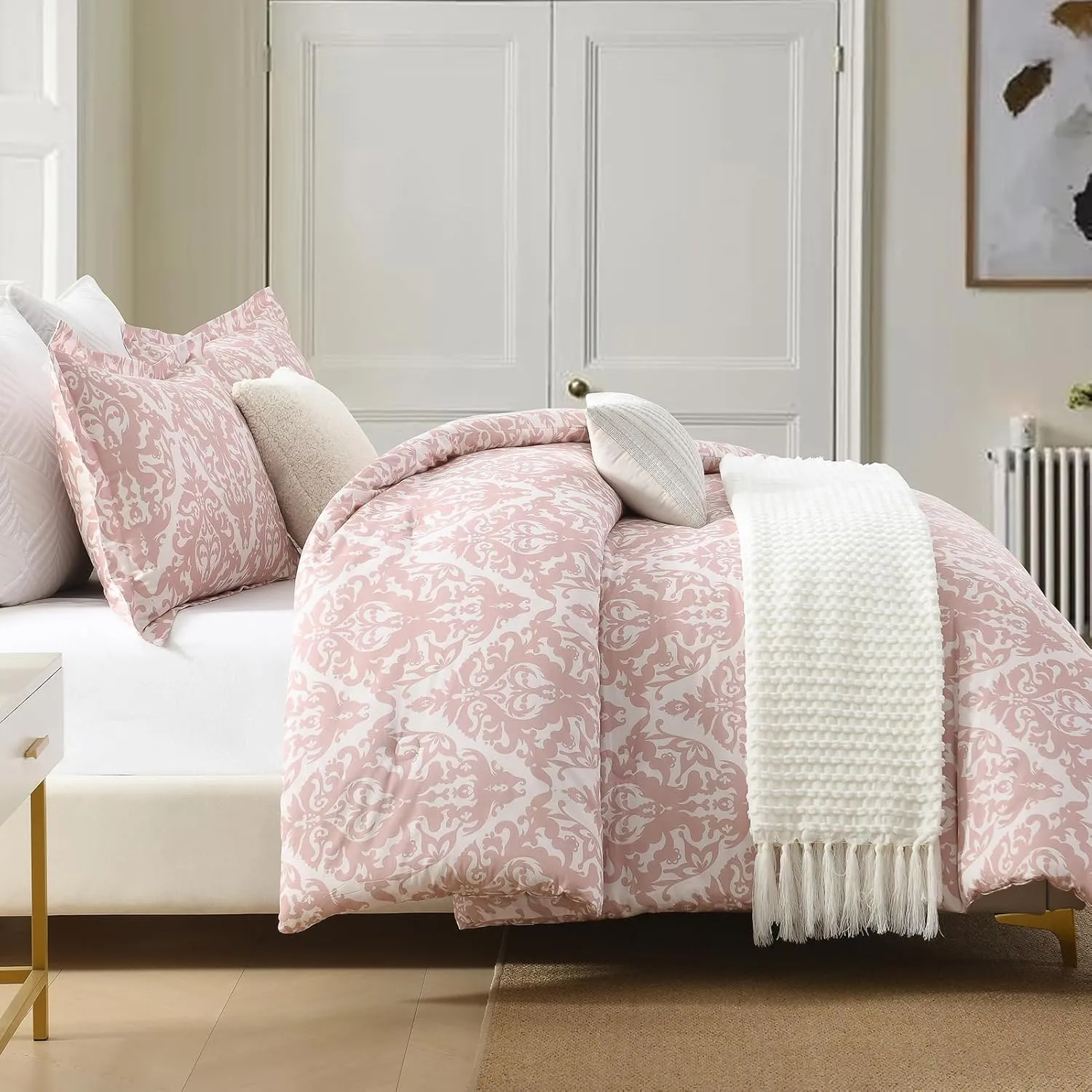 Finlonte Damask Queen Comforter Set, 100% Cotton, Paisley Floral, Luxury Ethnic, Fluffy Lightweight Soft Quilted Comforter, All Season, Pink/White