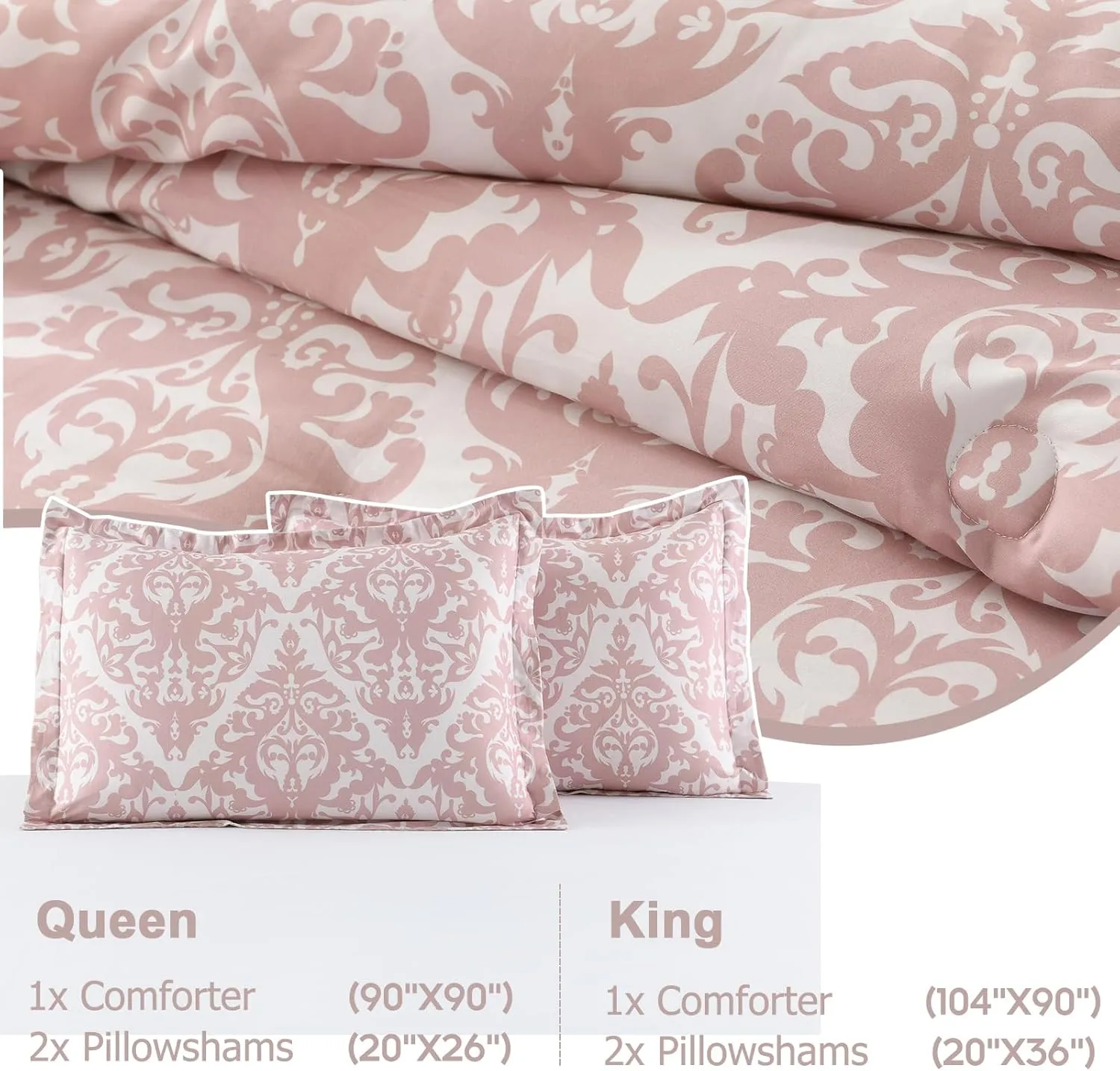 Finlonte Damask Queen Comforter Set, 100% Cotton, Paisley Floral, Luxury Ethnic, Fluffy Lightweight Soft Quilted Comforter, All Season, Pink/White
