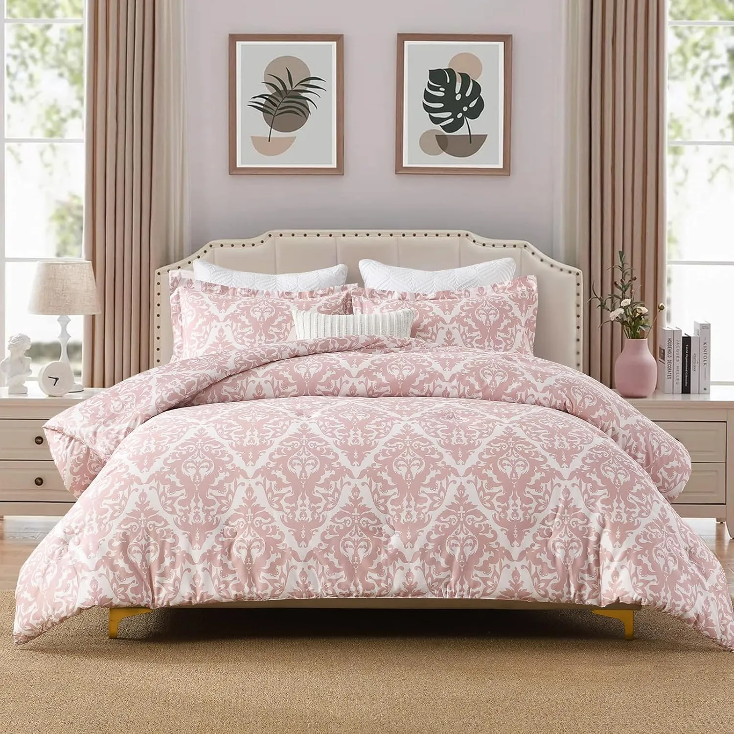 Finlonte Damask Queen Comforter Set, 100% Cotton, Paisley Floral, Luxury Ethnic, Fluffy Lightweight Soft Quilted Comforter, All Season, Pink/White