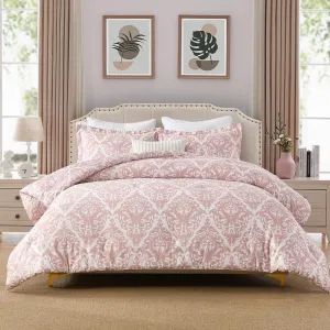 Finlonte Damask Queen Comforter Set, 100% Cotton, Paisley Floral, Luxury Ethnic, Fluffy Lightweight Soft Quilted Comforter, All Season, Pink/White