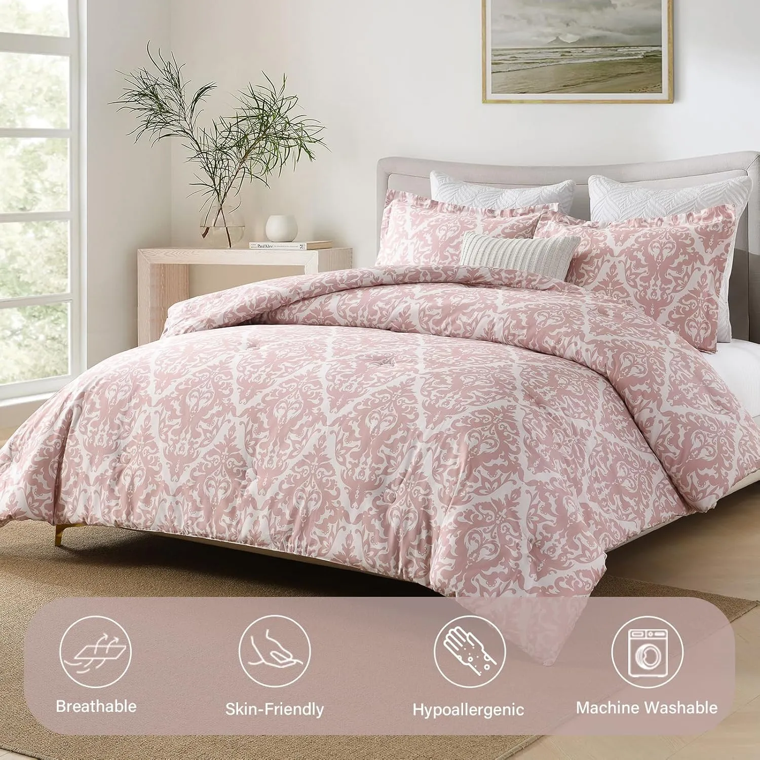 Finlonte Damask Queen Comforter Set, 100% Cotton, Paisley Floral, Luxury Ethnic, Fluffy Lightweight Soft Quilted Comforter, All Season, Pink/White