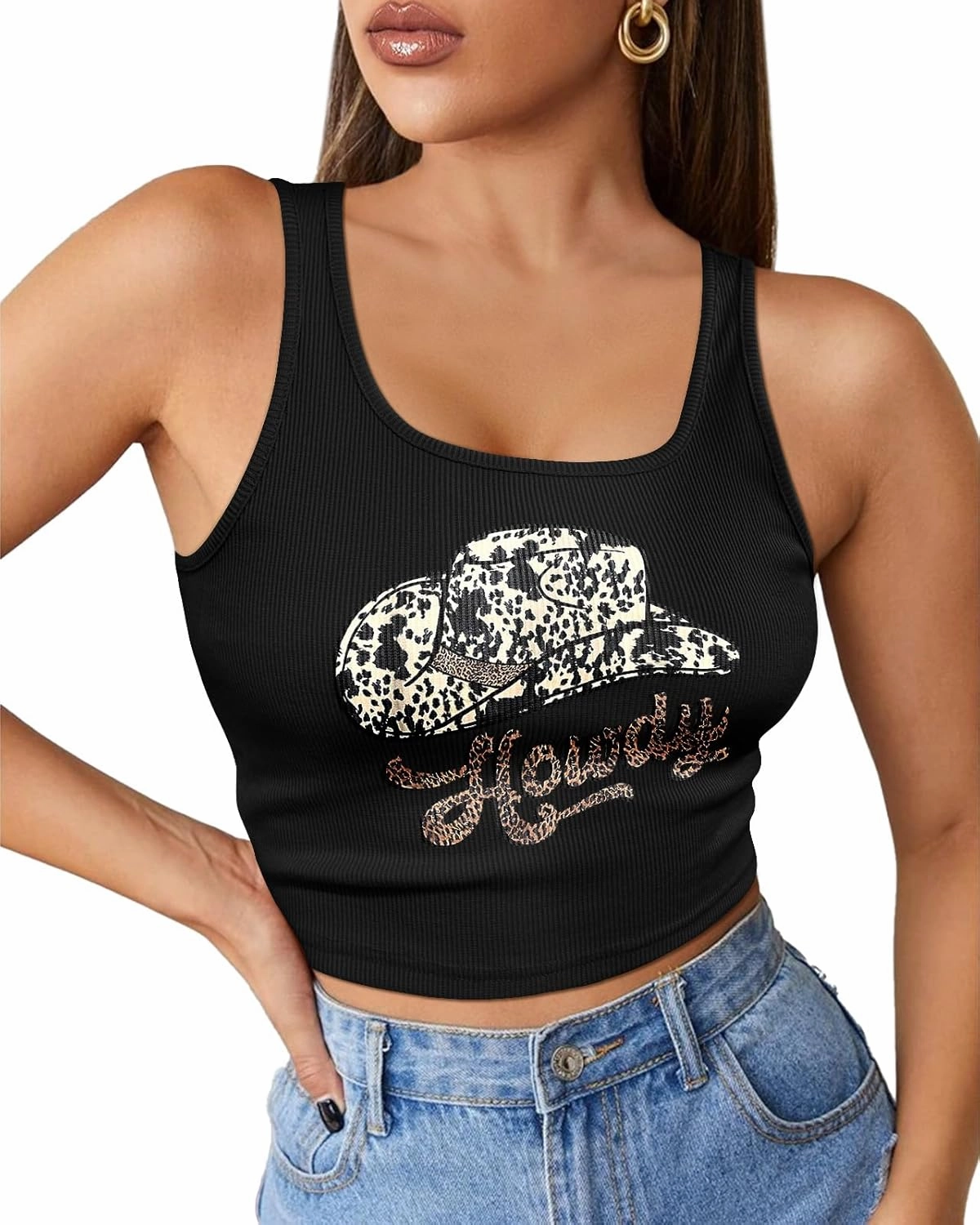 Flafens Crop Tops for Women Summer Tank Tops - Cute Ribbed U Neck Graphic Sleeveless T Shirts Yoga Gym Short Tanktops