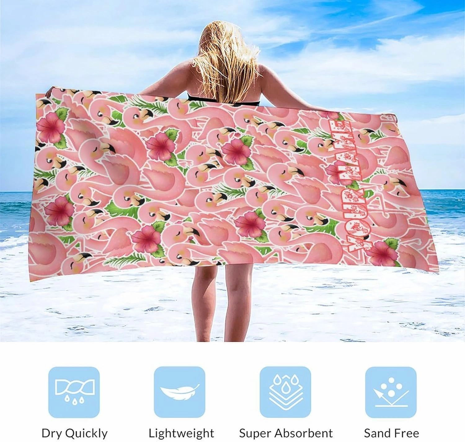 Flamingo Beach Towel for Adults - Personalized Microfiber Quick Dry Sandproof Bath Towels for Women - 40" x 70" Oversized Soft Packable Beach Accessories for Travel, Pool