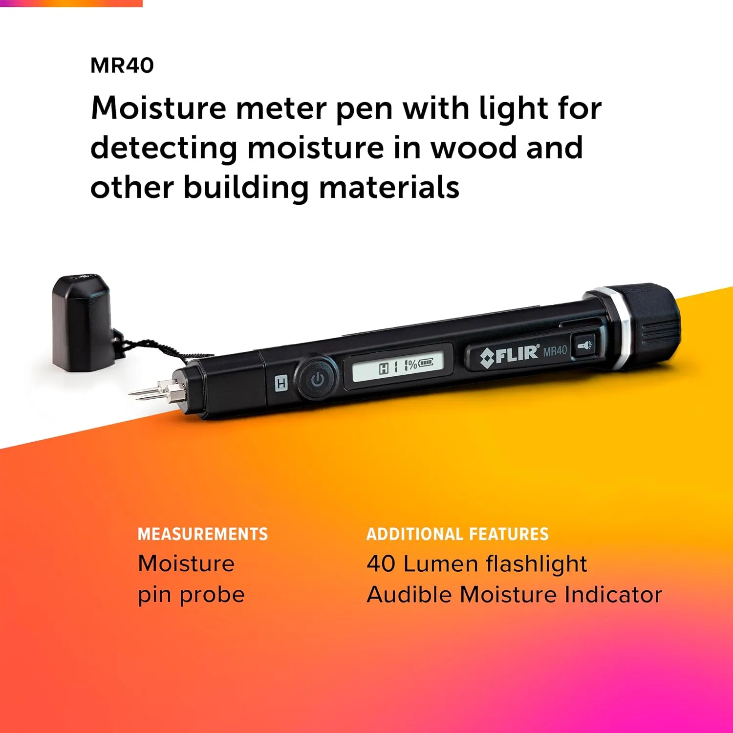 FLIR MR40 Moisture Pen   Flashlight, Pocket Portable, Rugged 2-Pin, Single-Scale Moisture Meter with an Integrated Flashlight for Wood and Common Building Materials