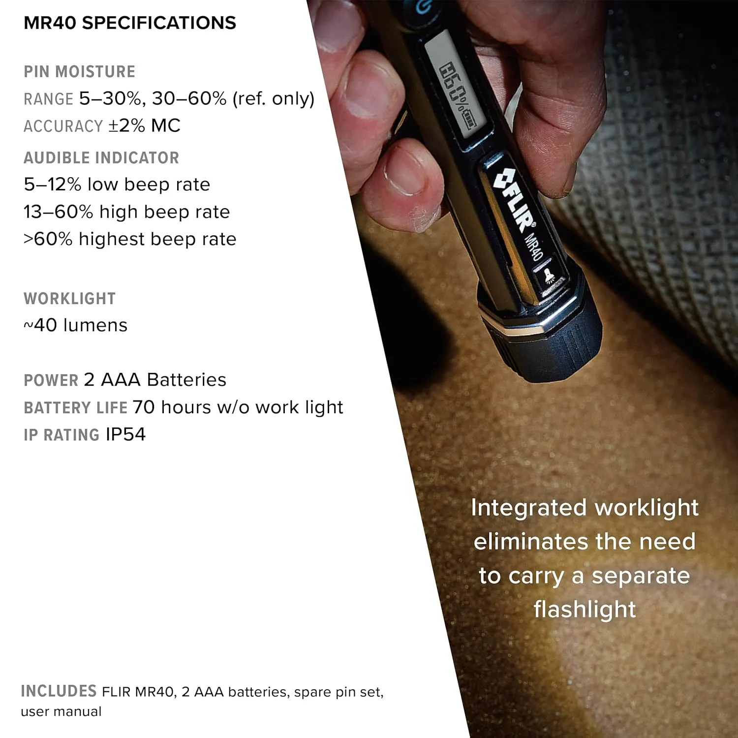 FLIR MR40 Moisture Pen   Flashlight, Pocket Portable, Rugged 2-Pin, Single-Scale Moisture Meter with an Integrated Flashlight for Wood and Common Building Materials