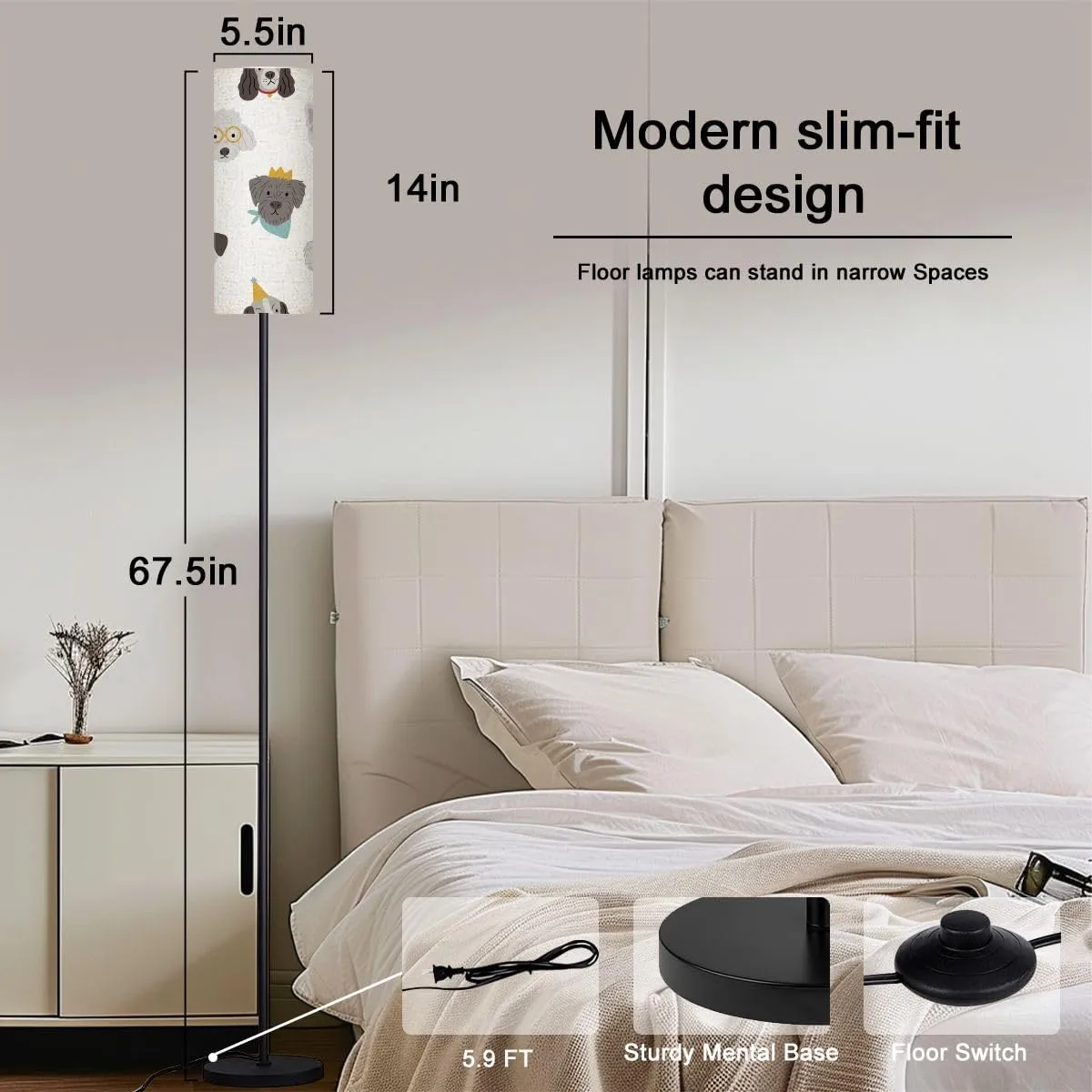 Floor Lamp for Living Room Cute cartoon dog flat style Happy pet Dog Birthday party Seamless Light Stand Lamp with Remote Control Dimmable LED Tall Lamps for Bedrooms Reading Western Home Decor