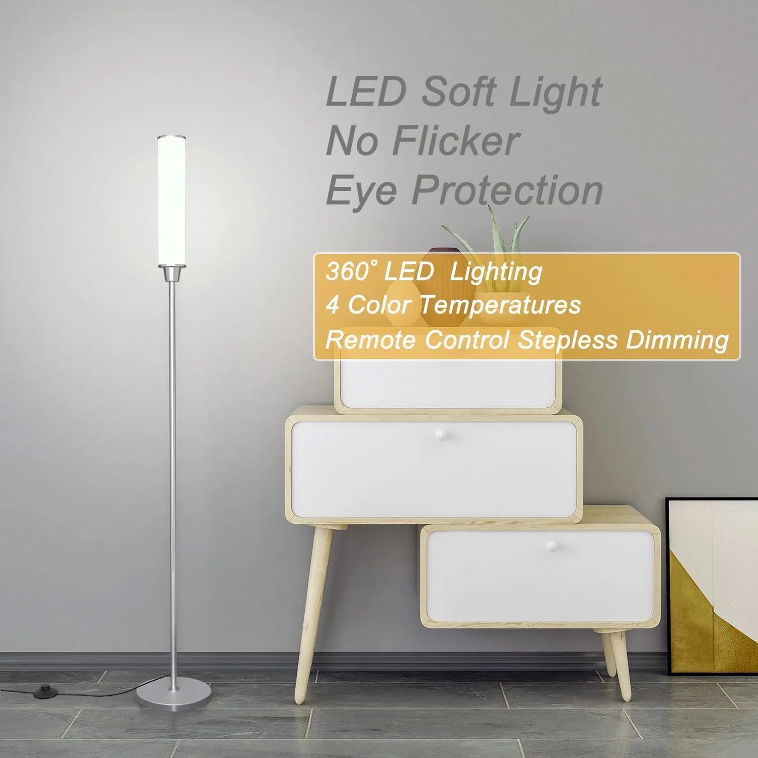 Floor Lamp with Remote Control,Bright Floor Lamps for Living Room/Bedroom/Office, Stepless Adjustable 3000K-6000K Colors and 10-100% Brightness,Standing Light with Foot Switch (Nickel)