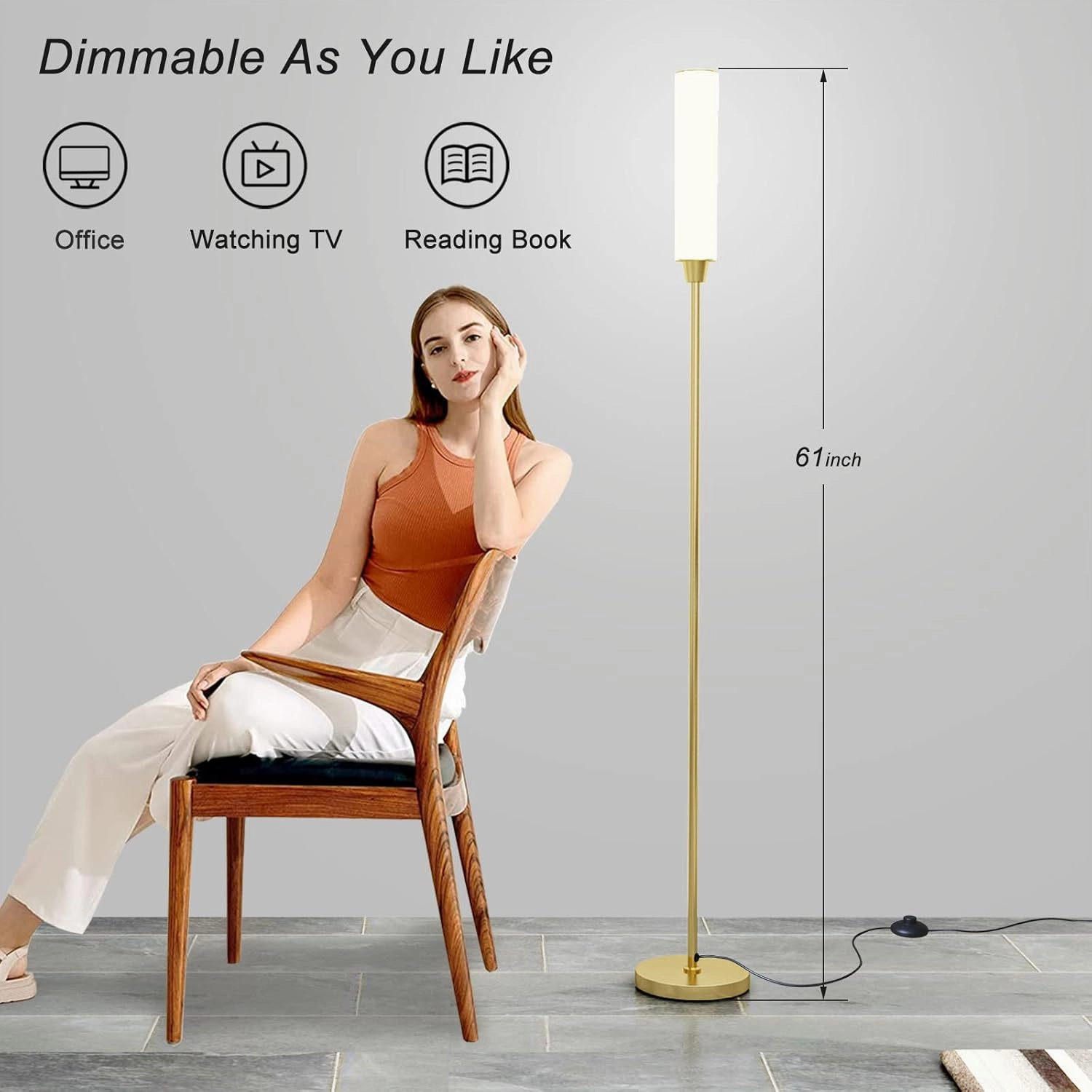 Floor Lamp with Remote Control,Bright Floor Lamps for Living Room/Bedroom/Office, Stepless Adjustable 3000K-6000K Colors and 10-100% Brightness,Standing Light with Foot Switch (Gold)