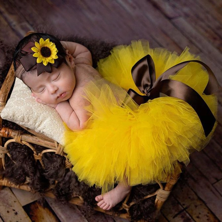 Fluffy Sunflower Tutu Set Baby Yellow Tutu Skirt with Headband Cake Smash Outfit Newborn Photo Props Infant Princess clothes