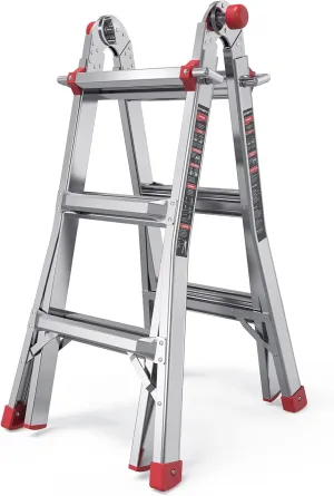 Folding Ladder, 13 ft Aluminum Extension Ladder, 300 lbs Load Capacity, Portable Telescoping Ladder with Non-Slip Rubber, Multi-Position Step Ladders, for Working Indoor/Outdoor EM4X3L2