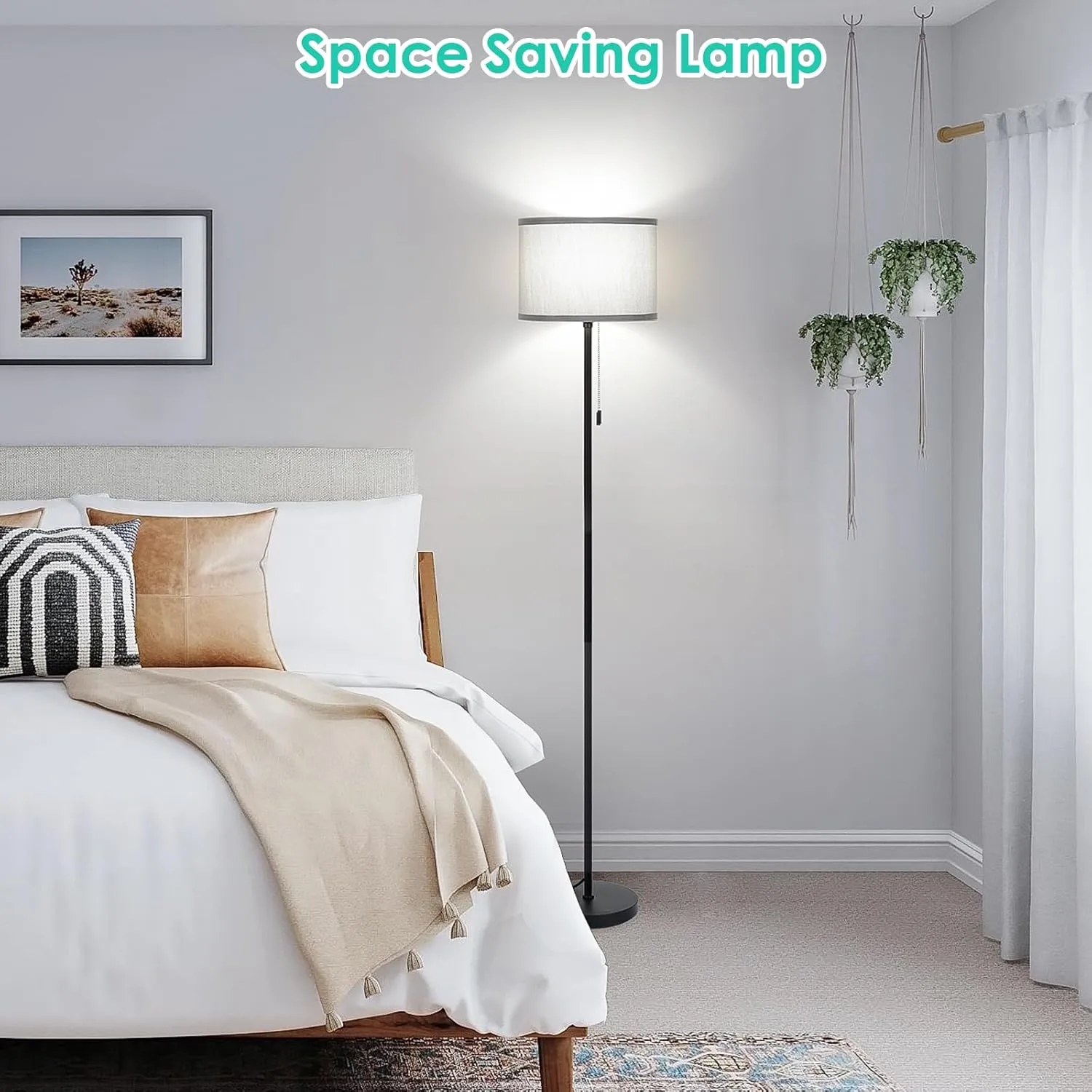 FOLKSMATE Floor Lamp for Living Room, Modern LED Simple Standing Lamp, Minimalist Tall Light for Bedroom, Office, Kids Room, Reading, Black Pole With Grey Shade, Without Bulb