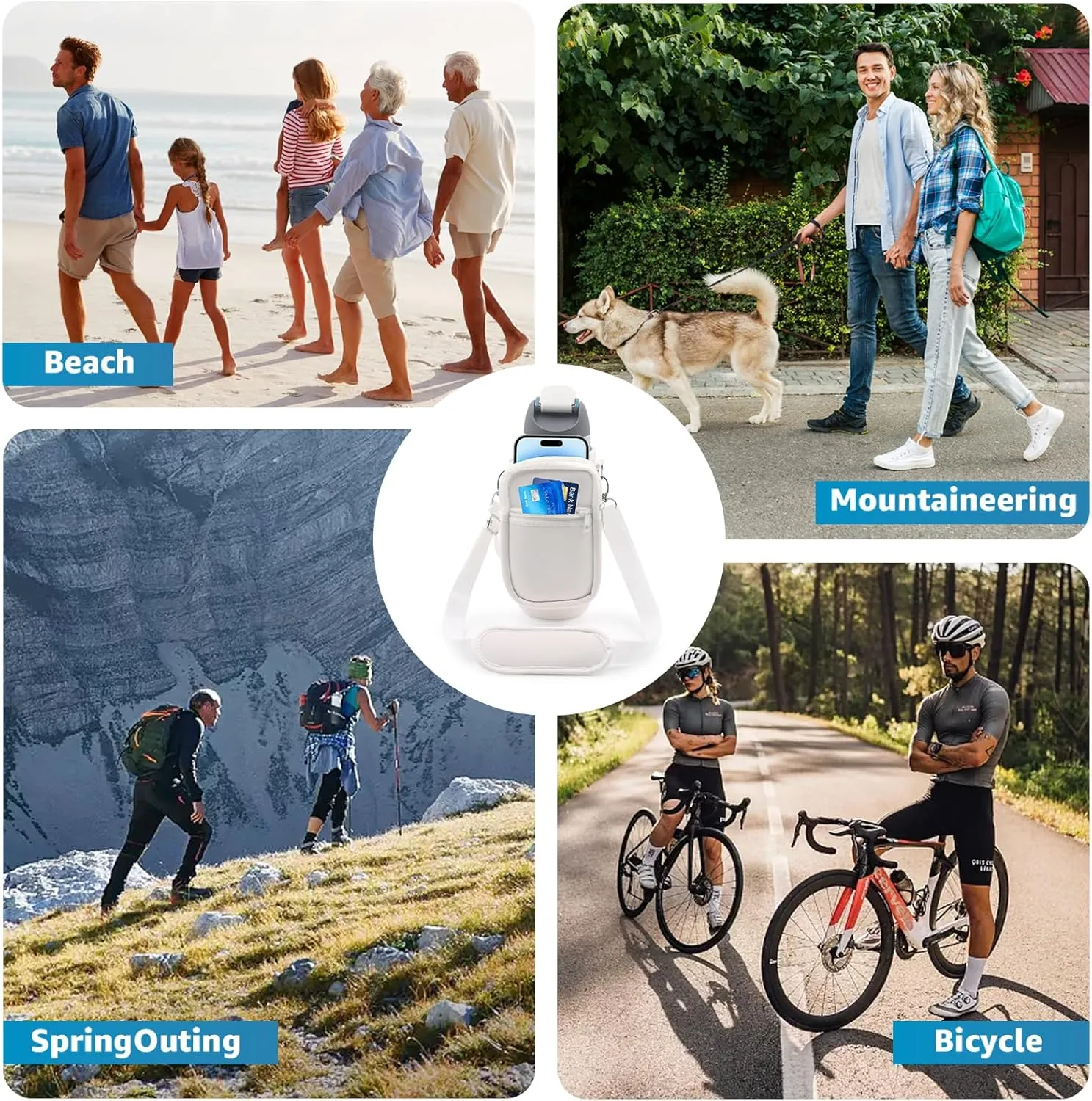 for Owala FreeSip Insulated Stainless Steel Water Bottle Cup Holder Cover Carrier Sling Bag with Strap, Pouch Pocket for Phone/Accessories, add Handle for Owala 24oz (White-24oz)