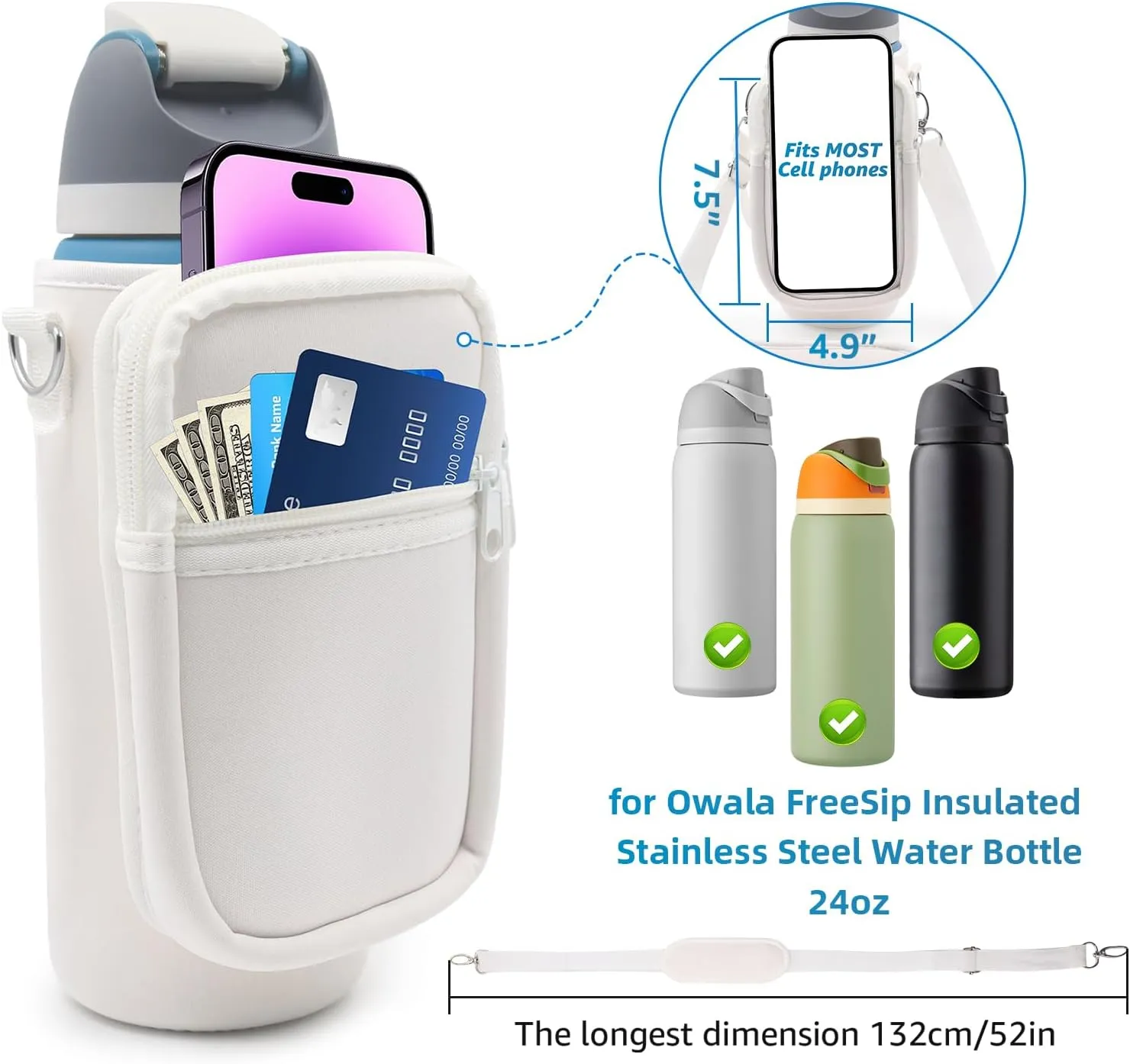 for Owala FreeSip Insulated Stainless Steel Water Bottle Cup Holder Cover Carrier Sling Bag with Strap, Pouch Pocket for Phone/Accessories, add Handle for Owala 24oz (White-24oz)