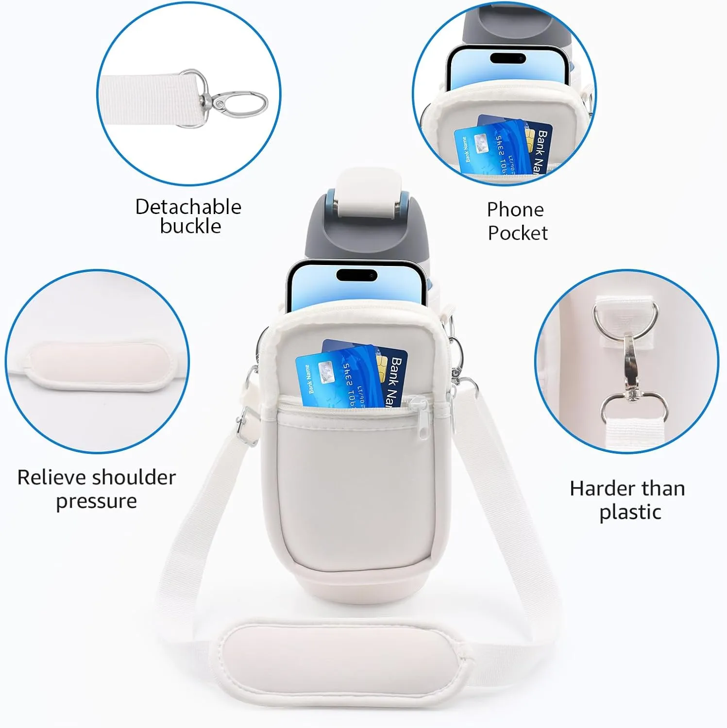 for Owala FreeSip Insulated Stainless Steel Water Bottle Cup Holder Cover Carrier Sling Bag with Strap, Pouch Pocket for Phone/Accessories, add Handle for Owala 24oz (White-24oz)