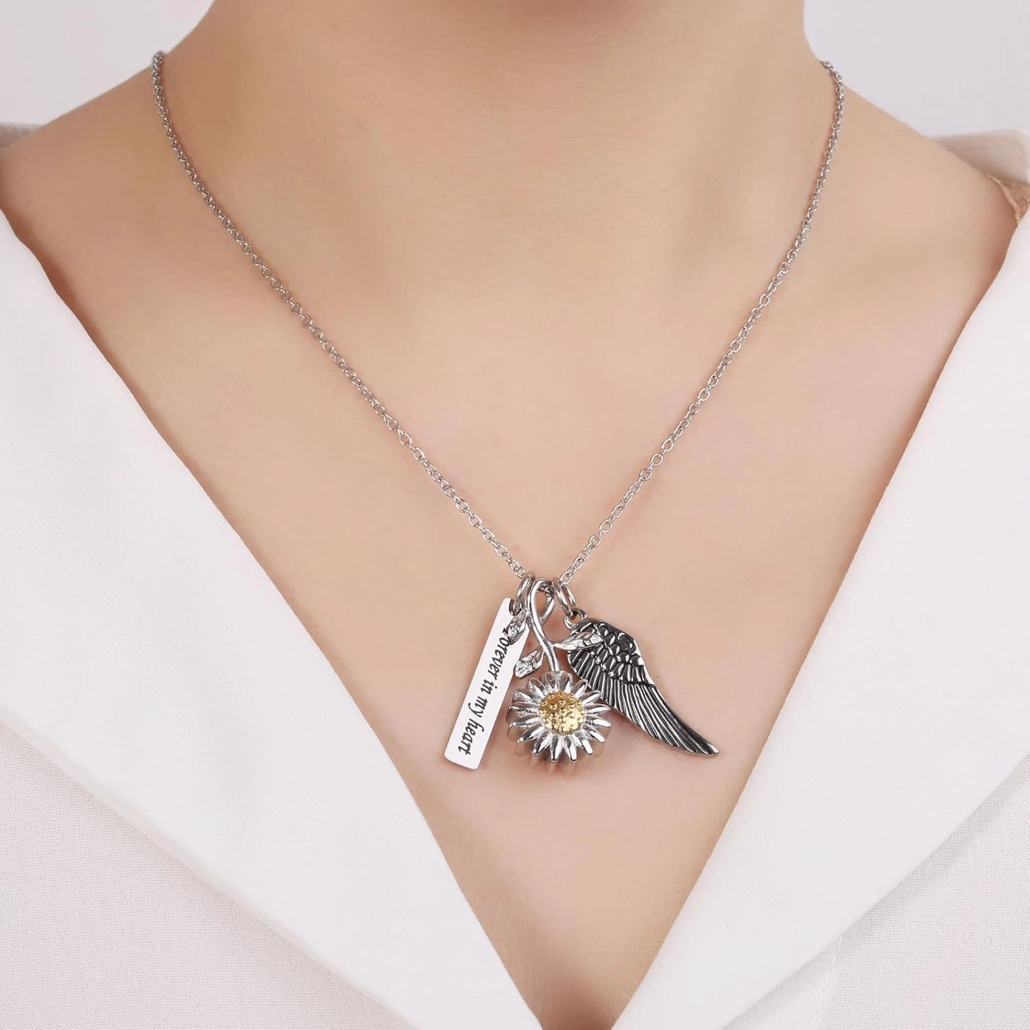 Forever In My Heart Memorial Urn Necklace Hold Angel Wing Stainless Steel Sunflower Cremation Jewelry For Ashes Of Loved Ones Keepsake Pendant Women