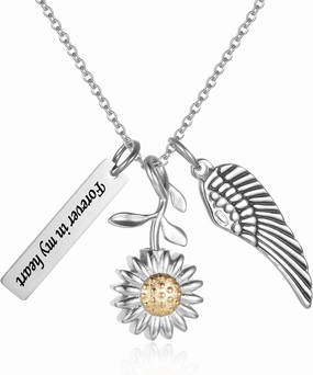 Forever In My Heart Memorial Urn Necklace Hold Angel Wing Stainless Steel Sunflower Cremation Jewelry For Ashes Of Loved Ones Keepsake Pendant Women
