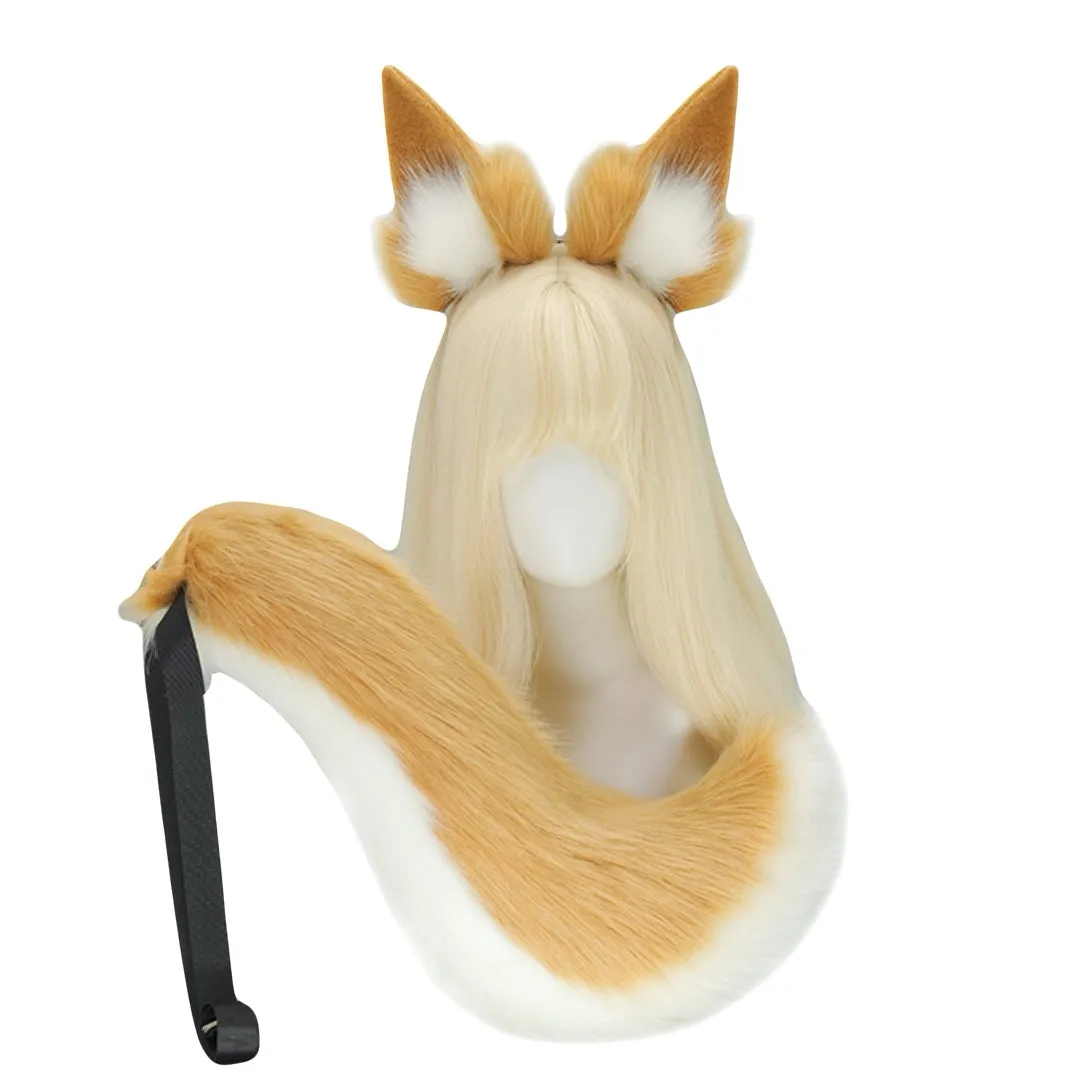 Fox Ear and Tail Cosplay Set Tamamo Style Fluffy Faux Fur Headband & Waist Tail for Girls