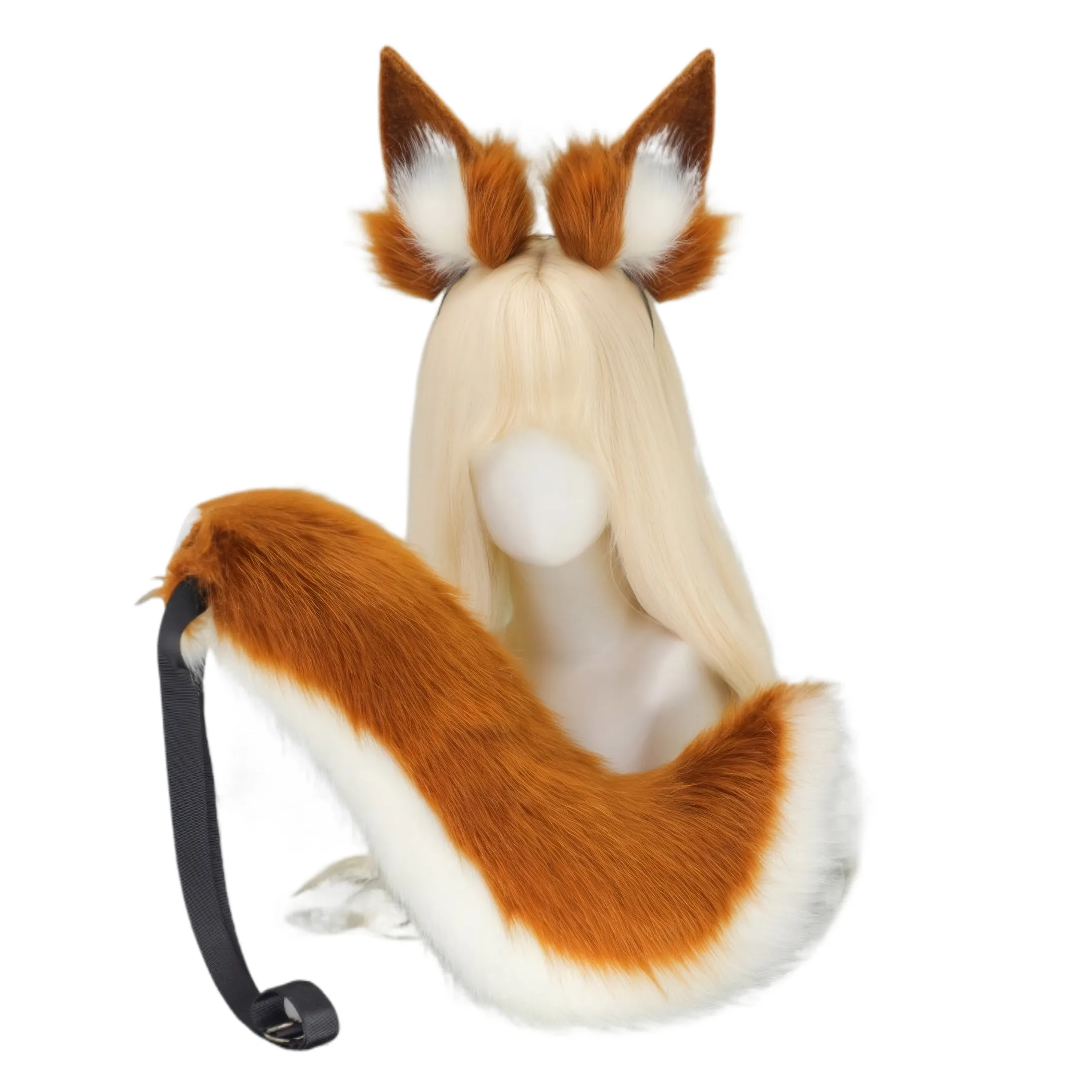 Fox Ear and Tail Cosplay Set Tamamo Style Fluffy Faux Fur Headband & Waist Tail for Girls
