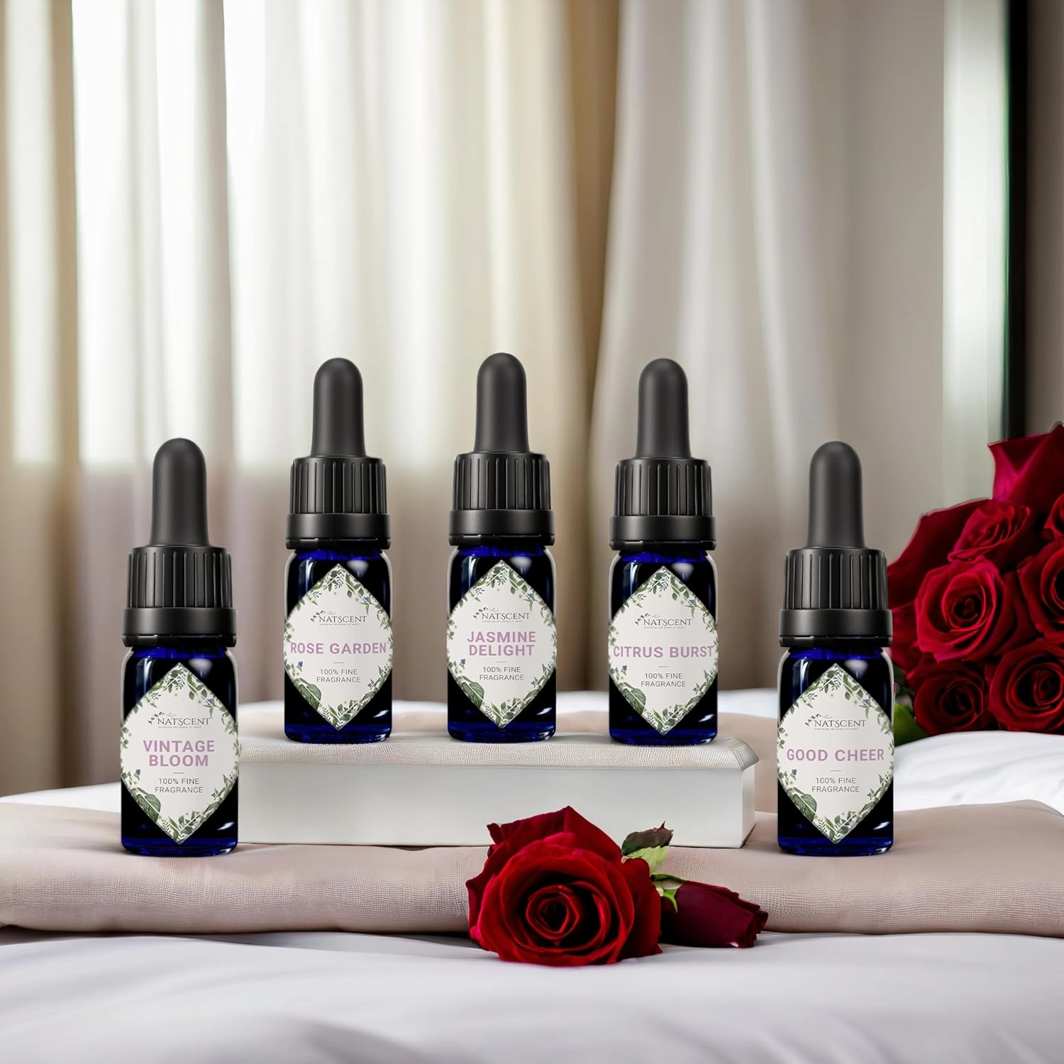 Fragrance Oil Set, Bright & Happy Fragrance Oils for Diffusers for Home, Hotel Collection Diffuser Oil Set: Jasmine Delight, Rose Garden, Citrus Burst, Vintage Bloom, Good Cheer 5 x 0.33oz