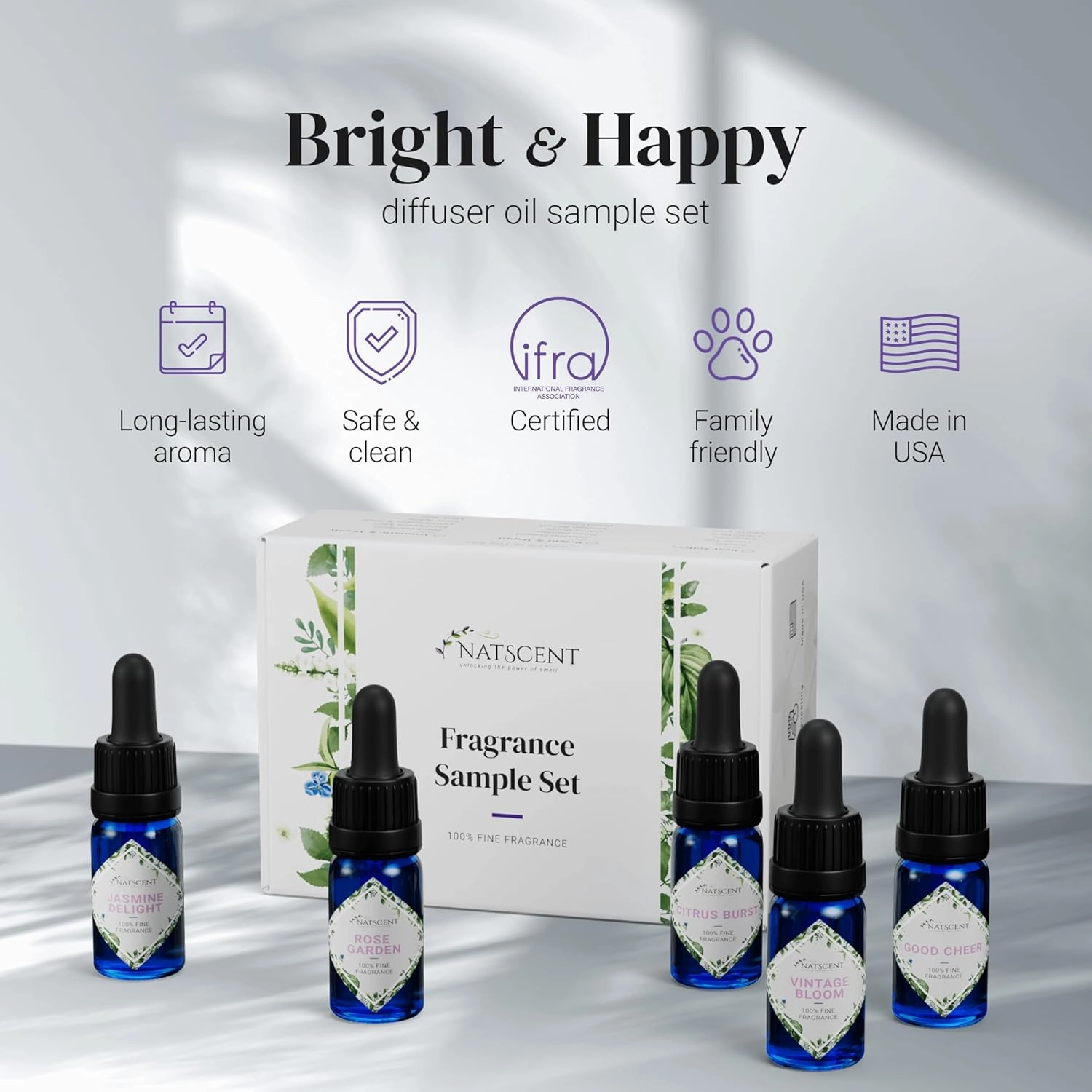 Fragrance Oil Set, Bright & Happy Fragrance Oils for Diffusers for Home, Hotel Collection Diffuser Oil Set: Jasmine Delight, Rose Garden, Citrus Burst, Vintage Bloom, Good Cheer 5 x 0.33oz