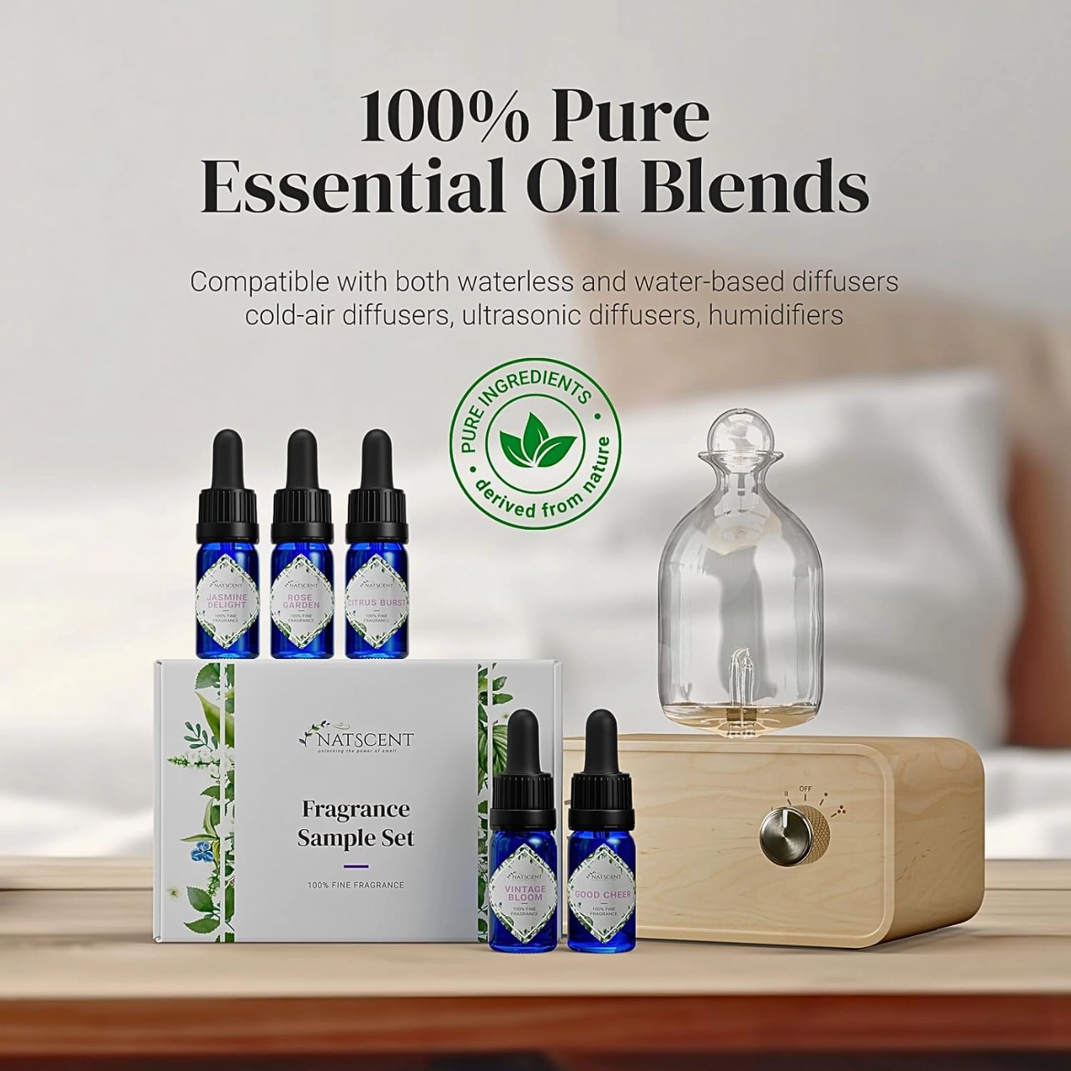Fragrance Oil Set, Bright & Happy Fragrance Oils for Diffusers for Home, Hotel Collection Diffuser Oil Set: Jasmine Delight, Rose Garden, Citrus Burst, Vintage Bloom, Good Cheer 5 x 0.33oz