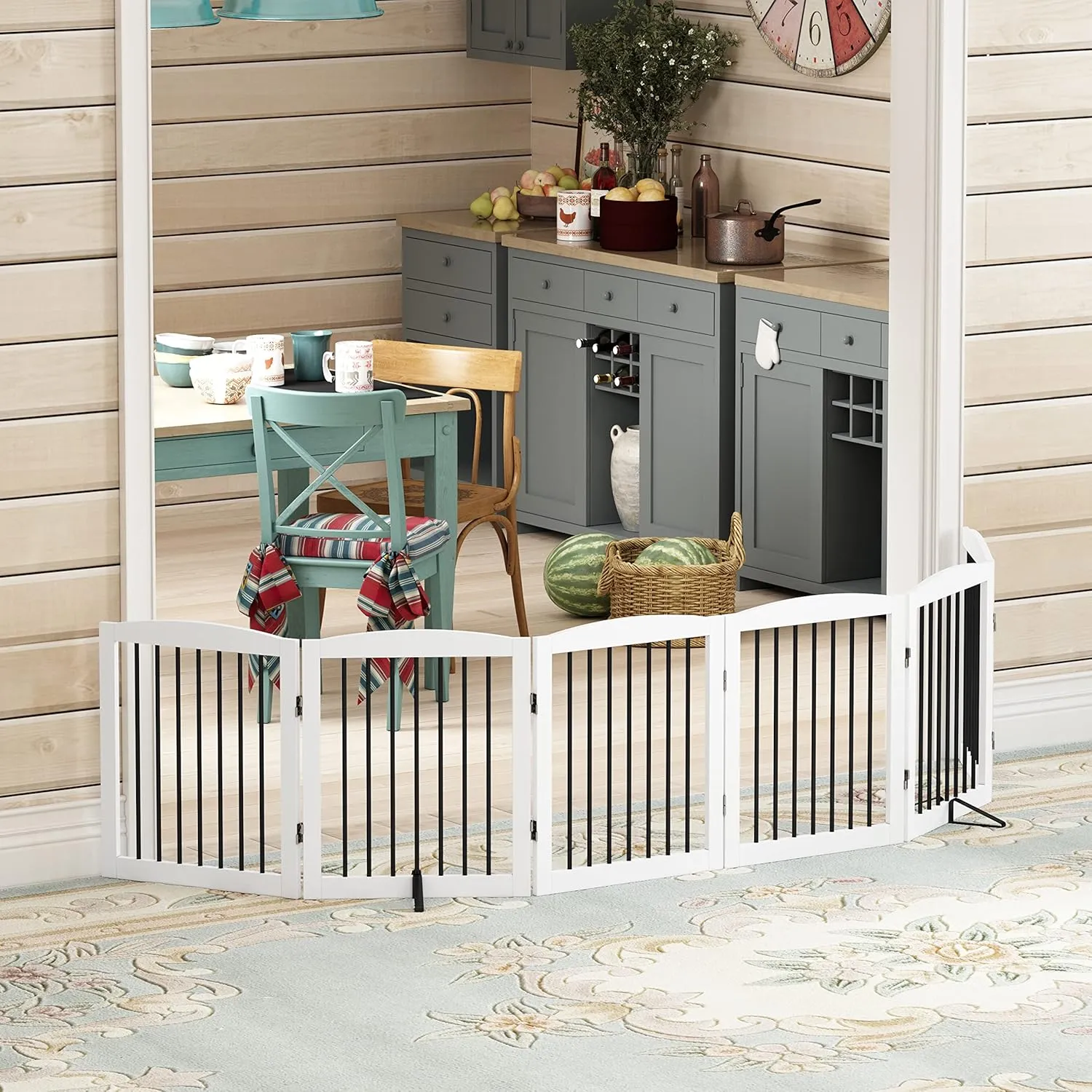 Freestanding Pet Gate for Dogs, Foldable Wooden Dog Gate for House, Extra Wide Indoor Pet Barrier for Stair, Doorway, Hall, Support Feet Included, 120 Inch Wide, 6 Panels 24", White