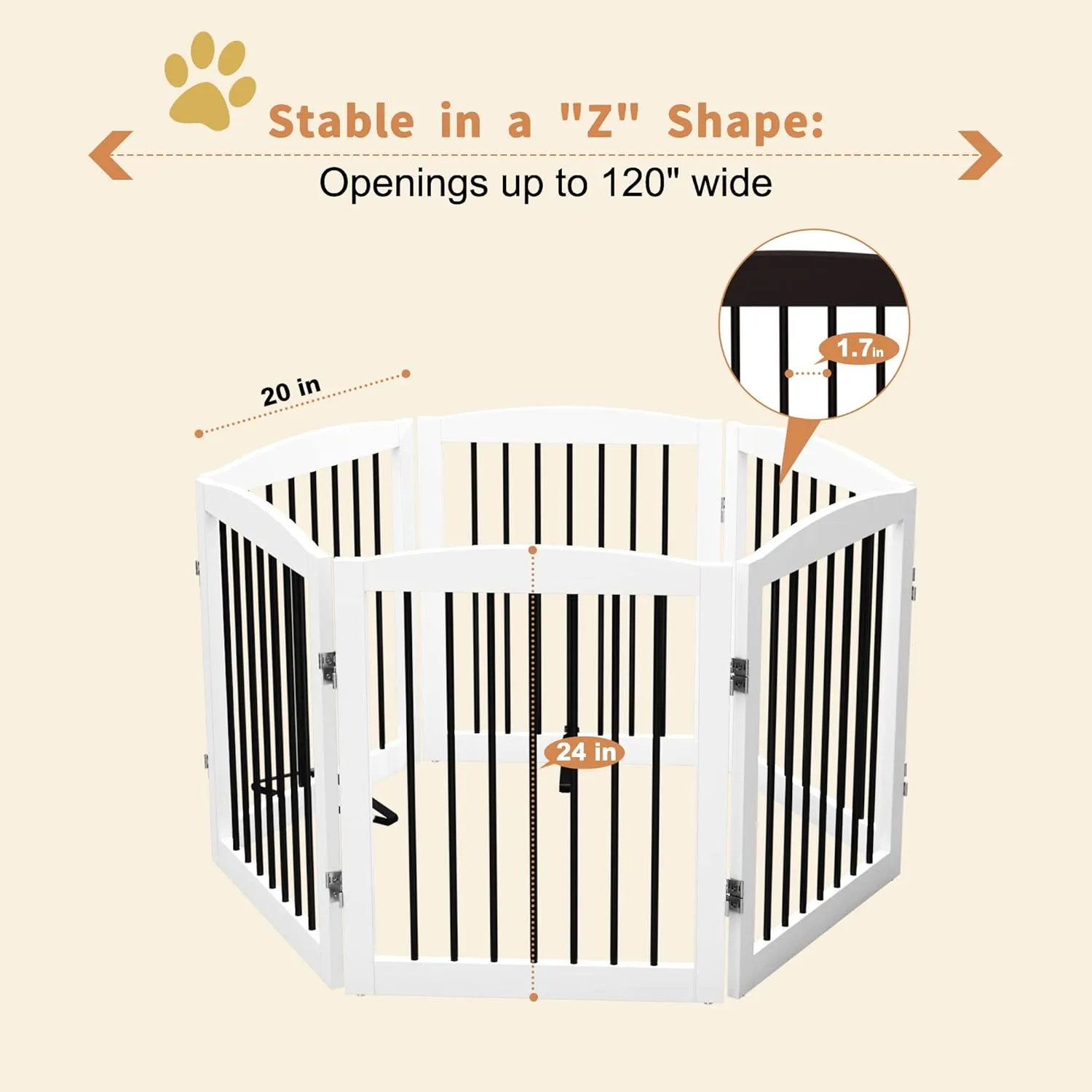 Freestanding Pet Gate for Dogs, Foldable Wooden Dog Gate for House, Extra Wide Indoor Pet Barrier for Stair, Doorway, Hall, Support Feet Included, 120 Inch Wide, 6 Panels 24", White