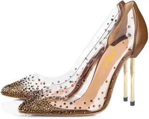 FSJ Women Studded Pointed Toe Transparent Pumps High Heels Shoes with Cute Bowknot US Size 4-15 M