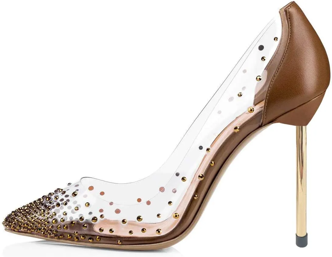 FSJ Women Studded Pointed Toe Transparent Pumps High Heels Shoes with Cute Bowknot US Size 4-15 M