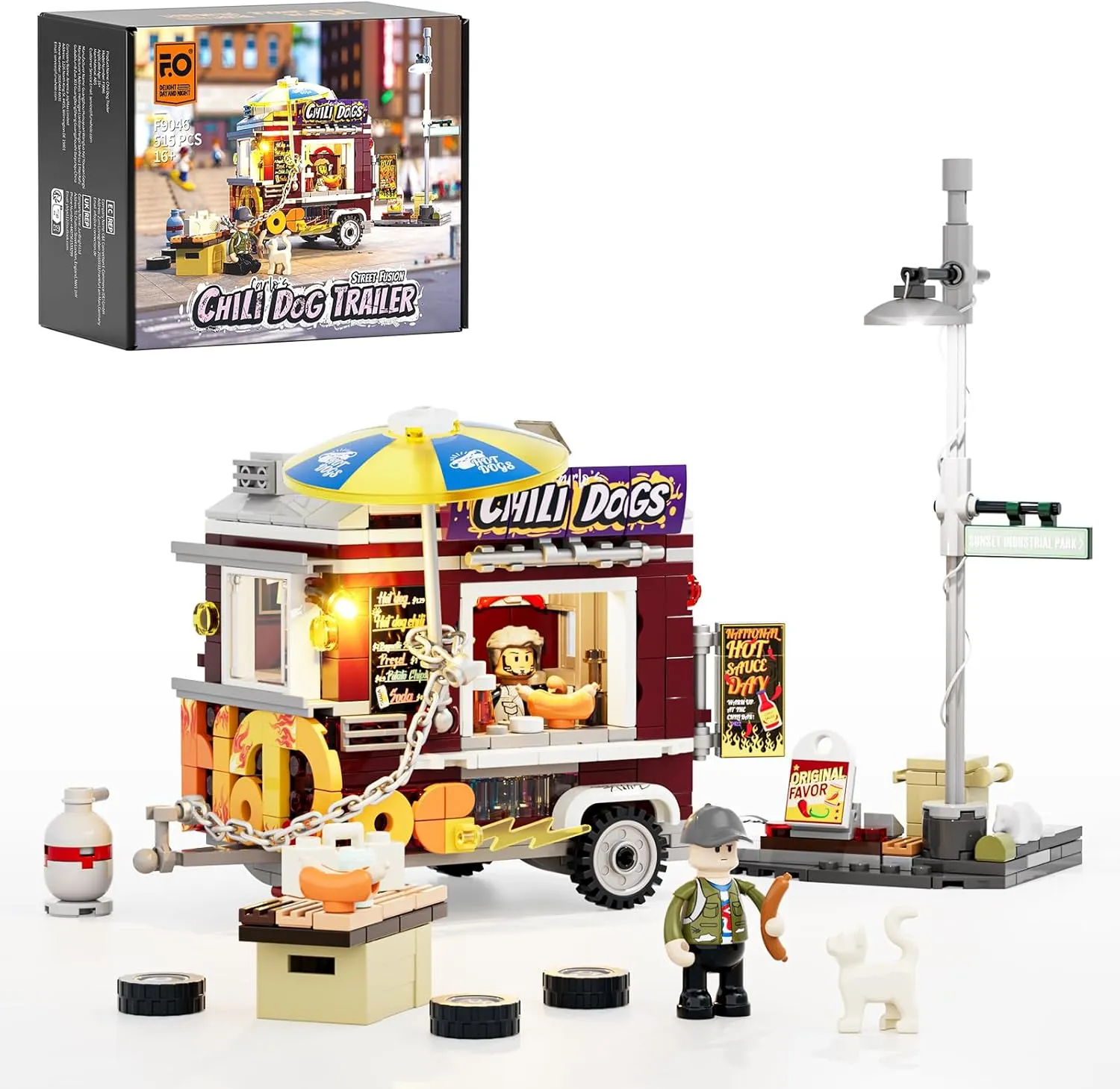 FUNWHOLE Chili Dog Trailer Lighting Building-Bricks Set - City Food Truck Toy Playkit 515 Pcs for Adults and Kids
