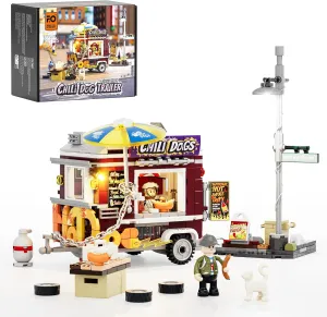 FUNWHOLE Chili Dog Trailer Lighting Building-Bricks Set - City Food Truck Toy Playkit 515 Pcs for Adults and Kids