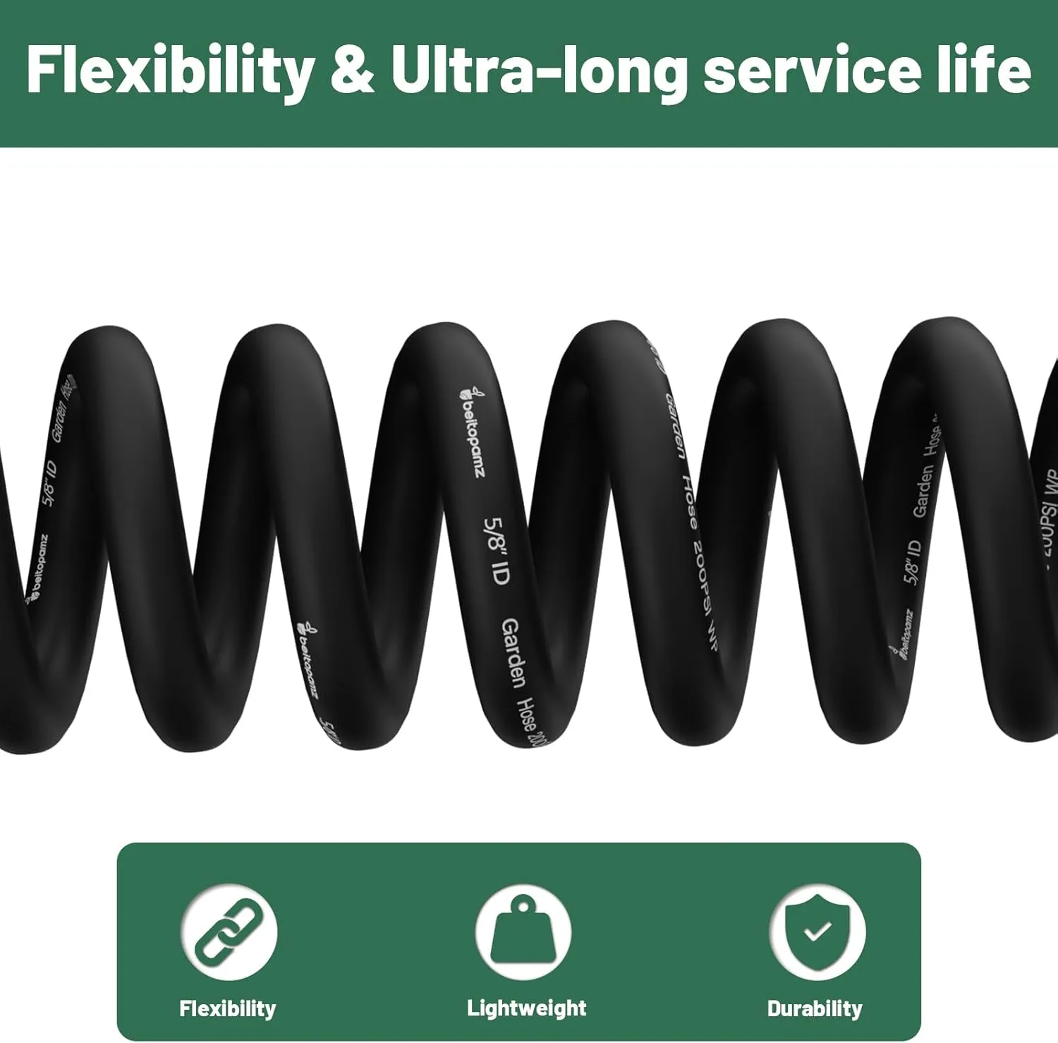 Garden Hose 75 ft x 5/8 in Heavy Duty Water Hose, Flexible No Kinks, Lightweight Hybrid Hose, Male to Female Fittings Leakproof Rubber Leader Hose, Drinking Water Safe, BT75, Black