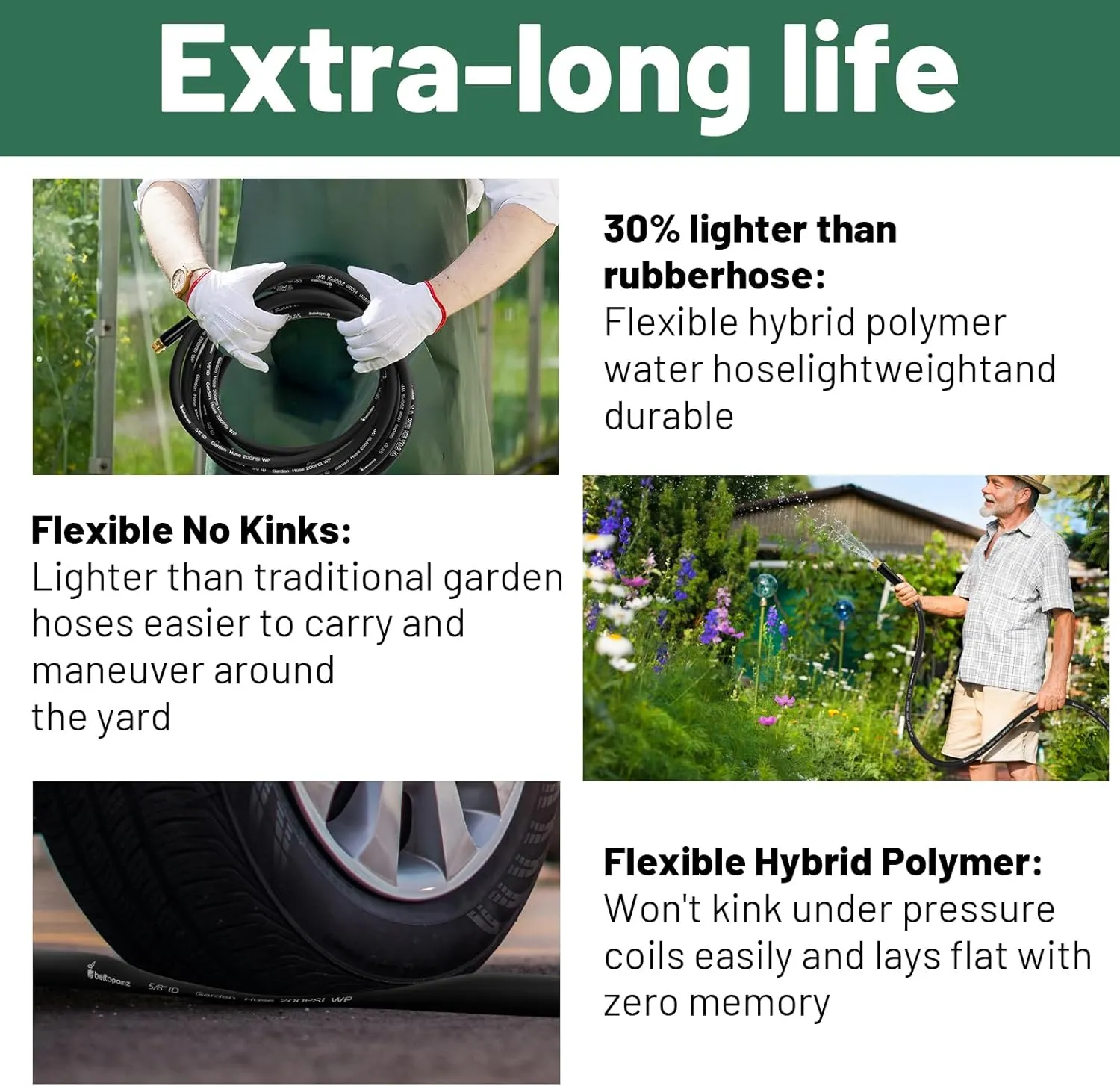 Garden Hose 75 ft x 5/8 in Heavy Duty Water Hose, Flexible No Kinks, Lightweight Hybrid Hose, Male to Female Fittings Leakproof Rubber Leader Hose, Drinking Water Safe, BT75, Black