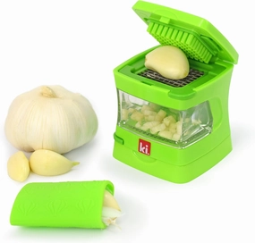 Garlic-A-Peel Garlic Press, Crusher, Cutter, Mincer, and Storage Container - Includes Silicone Garlic Peeler - Easy to Clean - Stainless Steel Blades – (Green), standard