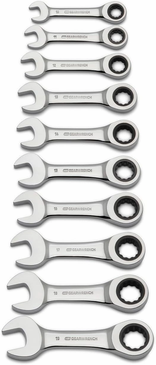 GEARWRENCH 10 Piece 12 Point Stubby Ratcheting Combination Wrench Metric Set | 9520D