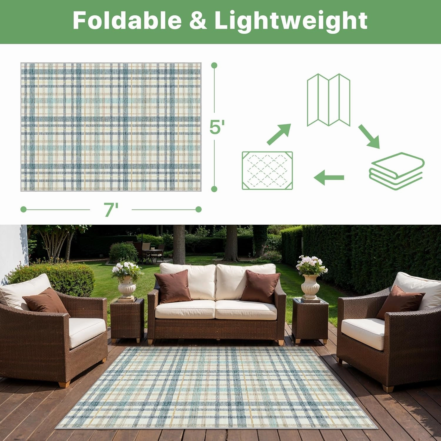 GENIMO Indoor Outdoor Area Rug 5'x7', Waterproof Geometric Outside Carpet, Non Shedding, Easy Cleaning, Camping Mat for Living Room, Patio, Balcony, Bedroom, Deck, Dining Room, RV, Blue & Beige