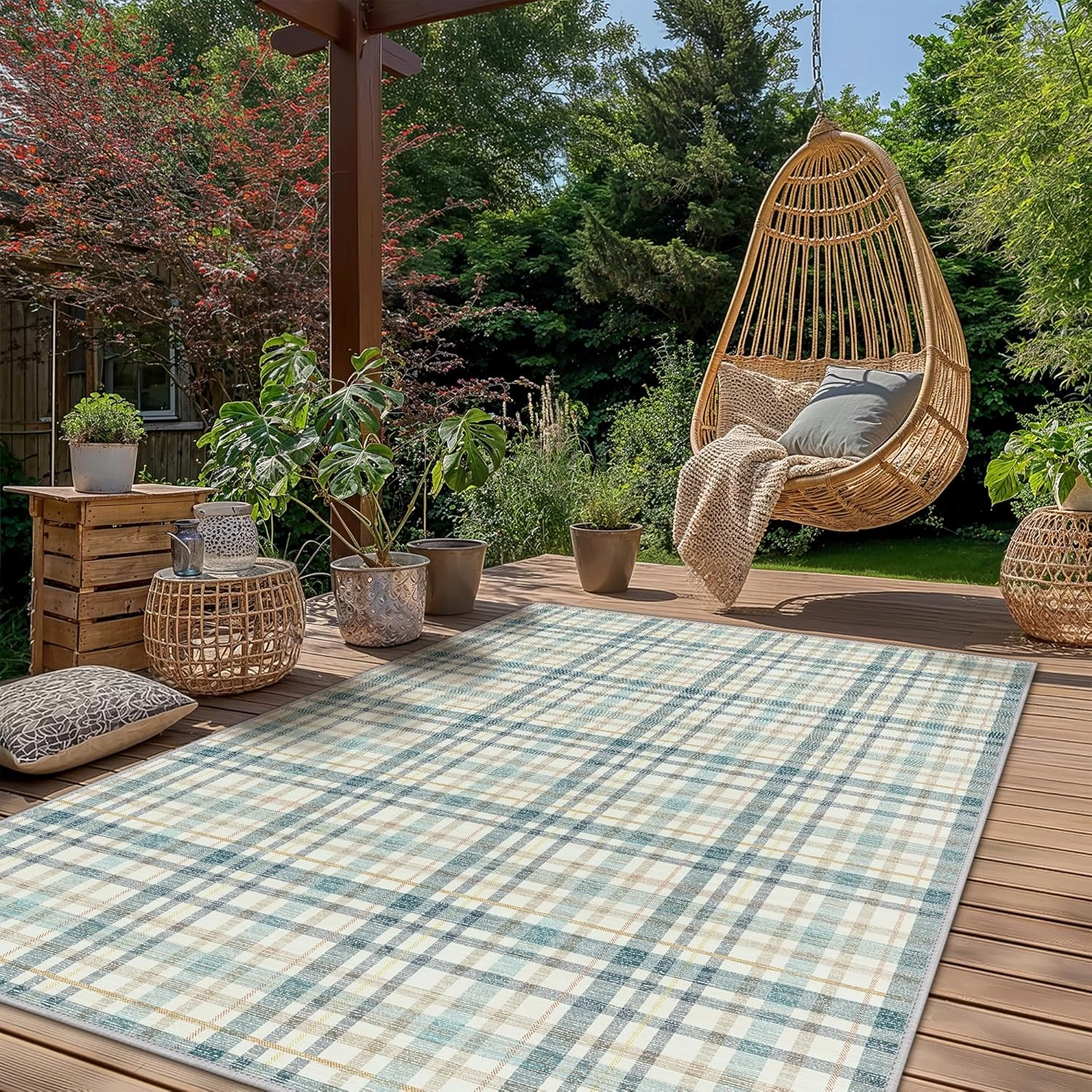 GENIMO Indoor Outdoor Area Rug 5'x7', Waterproof Geometric Outside Carpet, Non Shedding, Easy Cleaning, Camping Mat for Living Room, Patio, Balcony, Bedroom, Deck, Dining Room, RV, Blue & Beige