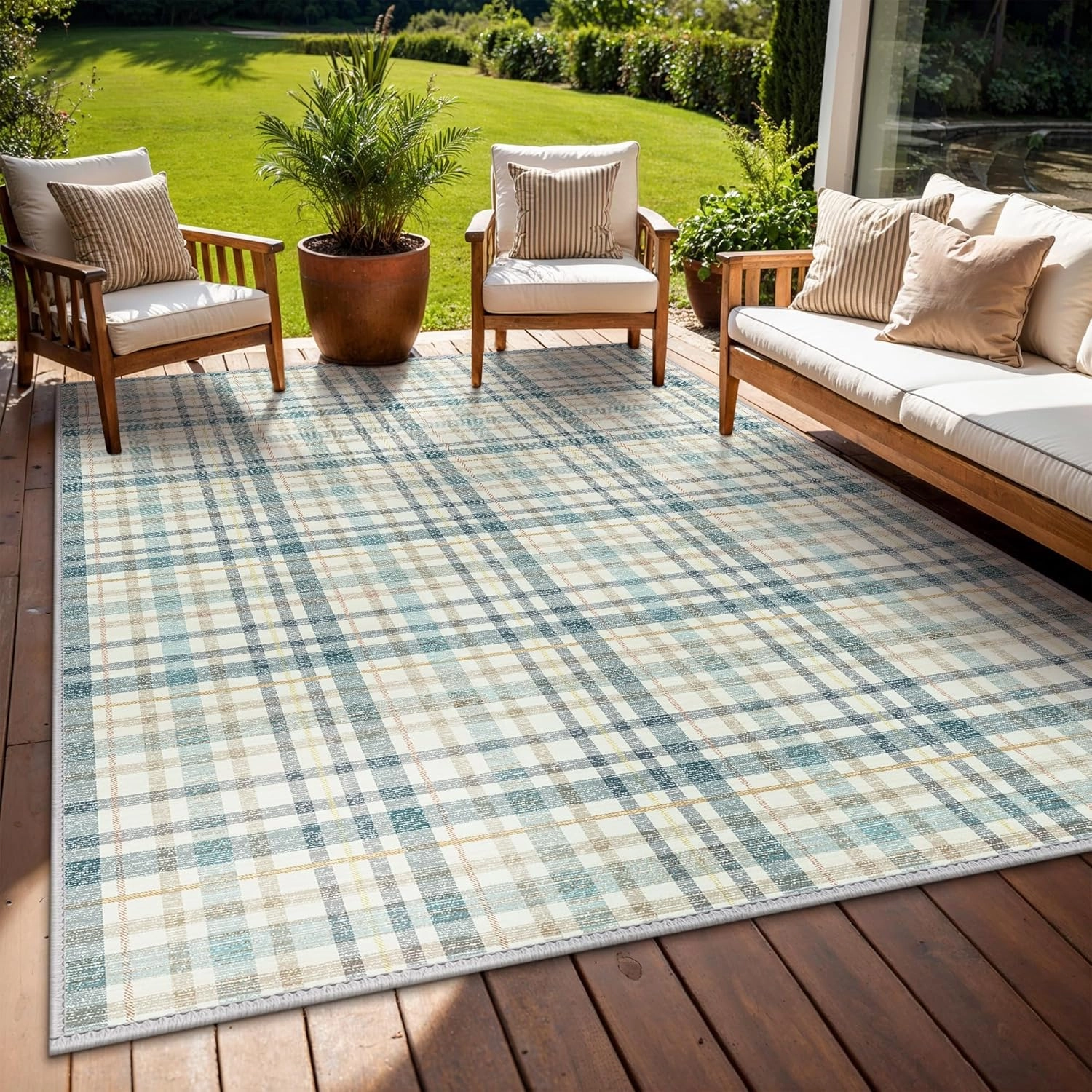 GENIMO Indoor Outdoor Area Rug 5'x7', Waterproof Geometric Outside Carpet, Non Shedding, Easy Cleaning, Camping Mat for Living Room, Patio, Balcony, Bedroom, Deck, Dining Room, RV, Blue & Beige