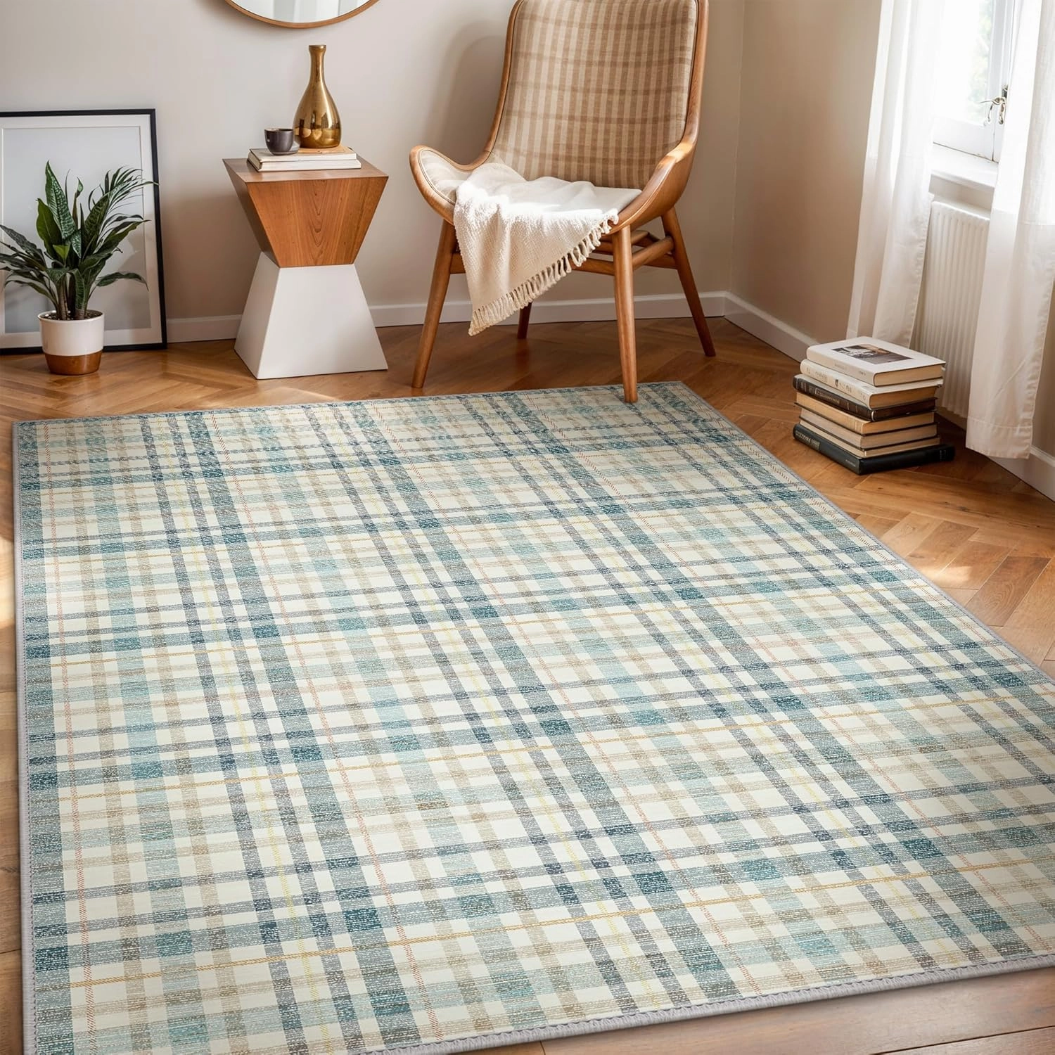 GENIMO Indoor Outdoor Area Rug 5'x7', Waterproof Geometric Outside Carpet, Non Shedding, Easy Cleaning, Camping Mat for Living Room, Patio, Balcony, Bedroom, Deck, Dining Room, RV, Blue & Beige